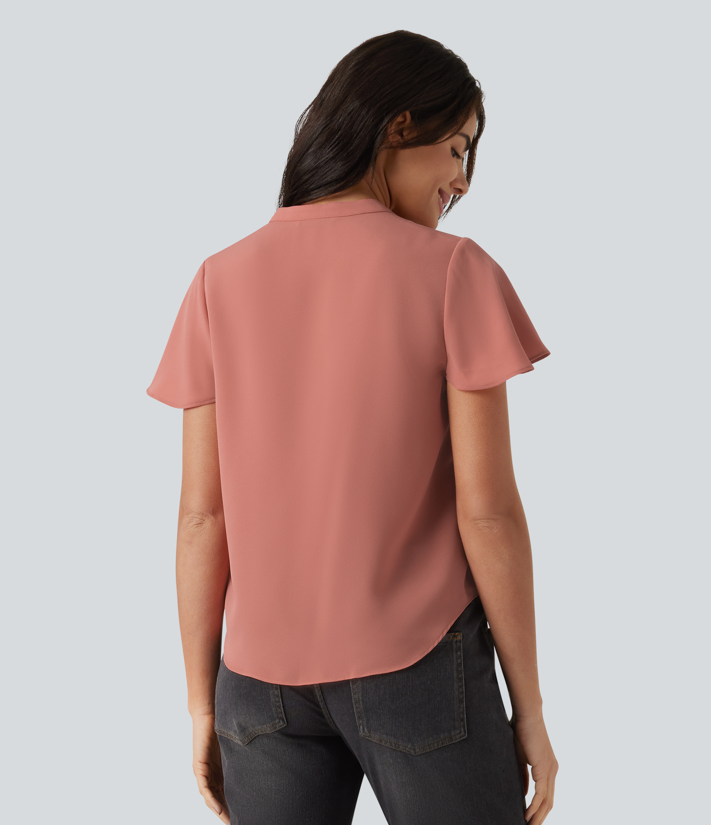 Terra Cotta Pink Lässige Bluse mit V-Ausschnitt, Volantärmeln und geschwungenem Saum / 2