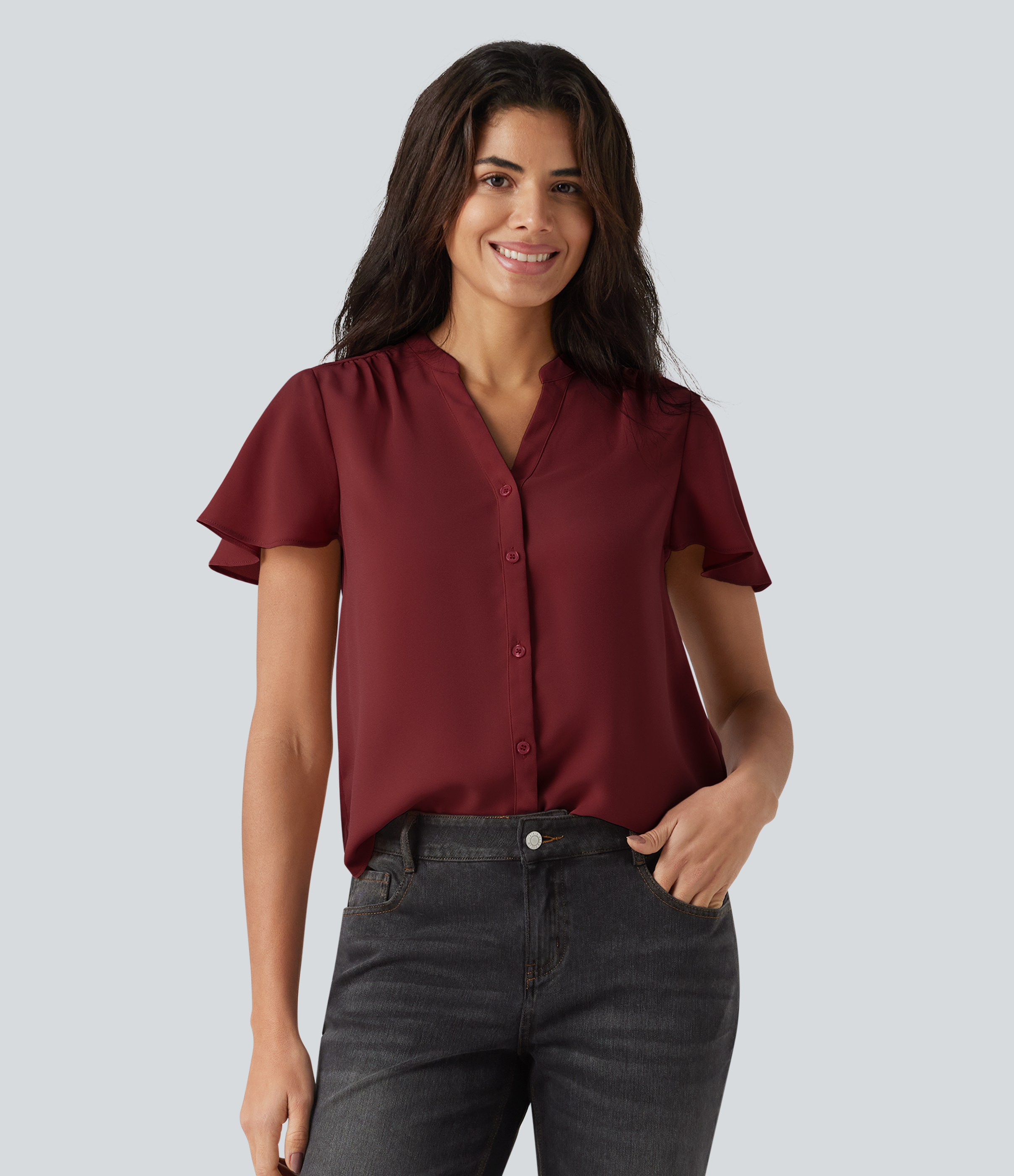 V-neck Flounce Sleeve Curved Hem Casual Blouse