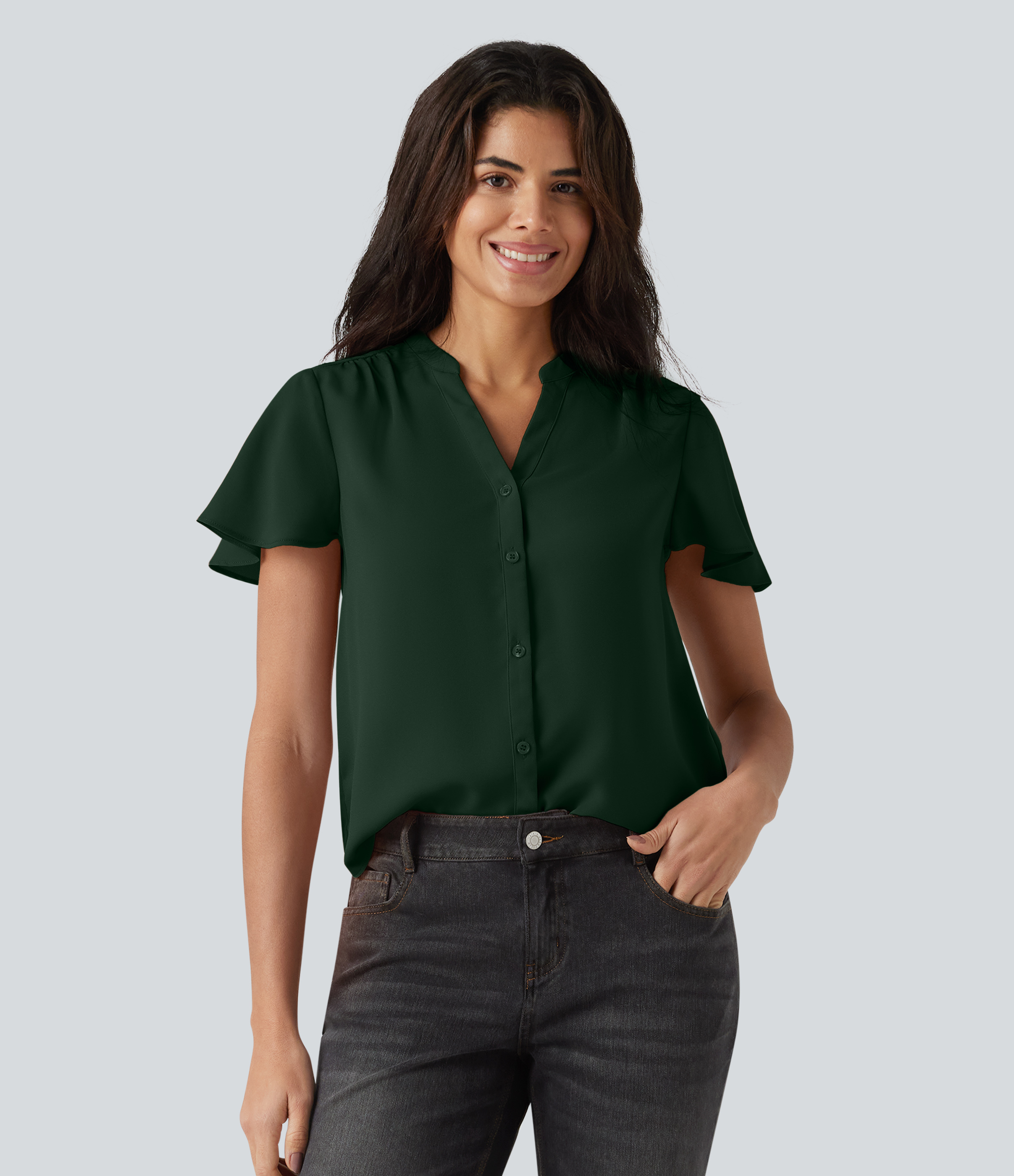 V-neck Flounce Sleeve Curved Hem Casual Blouse