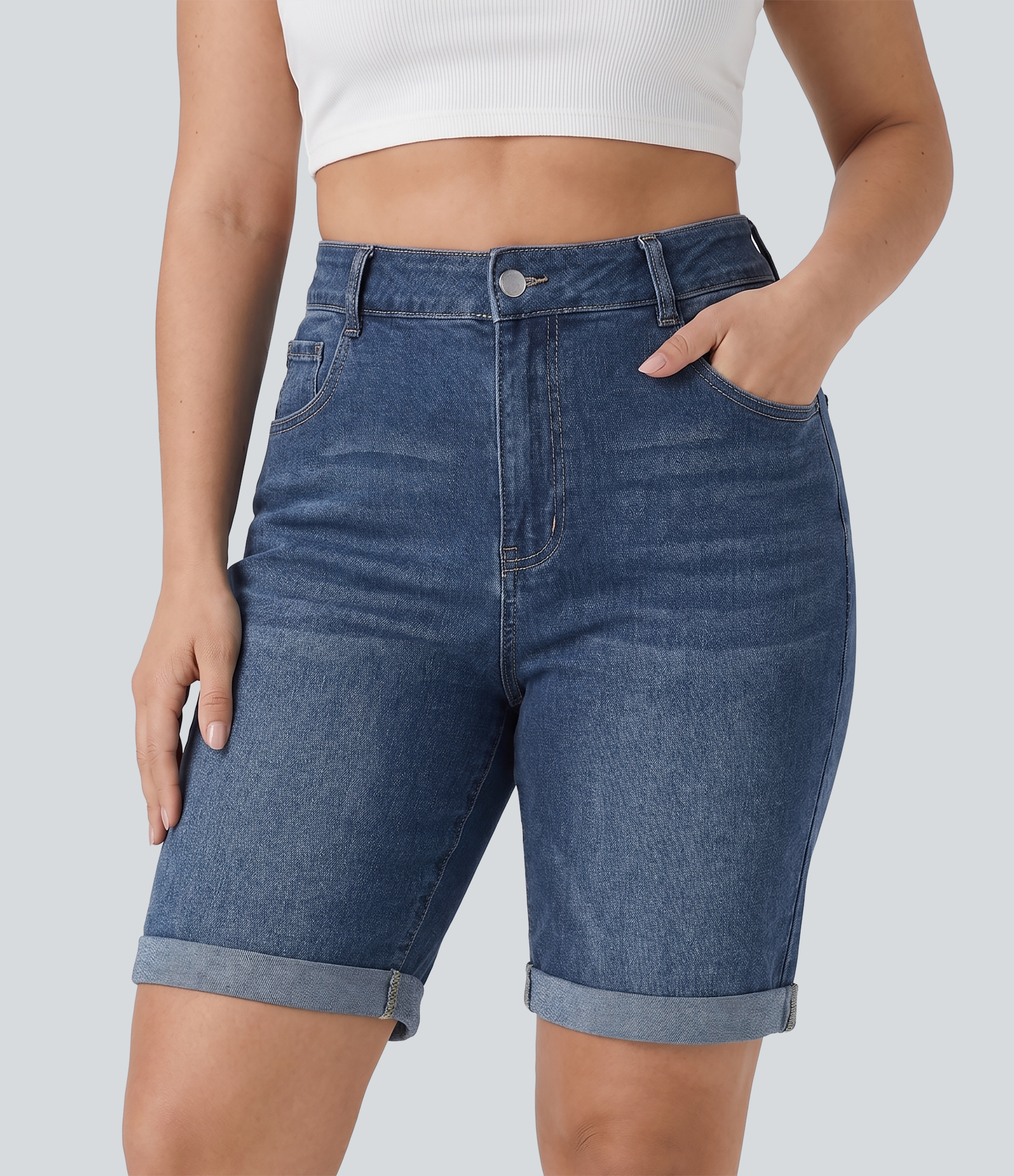 Halara Flex™ High Waisted Multiple Pockets Rolled Hem Washed Stretchy Knit Denim Casual Plus Size Bermuda Shorts