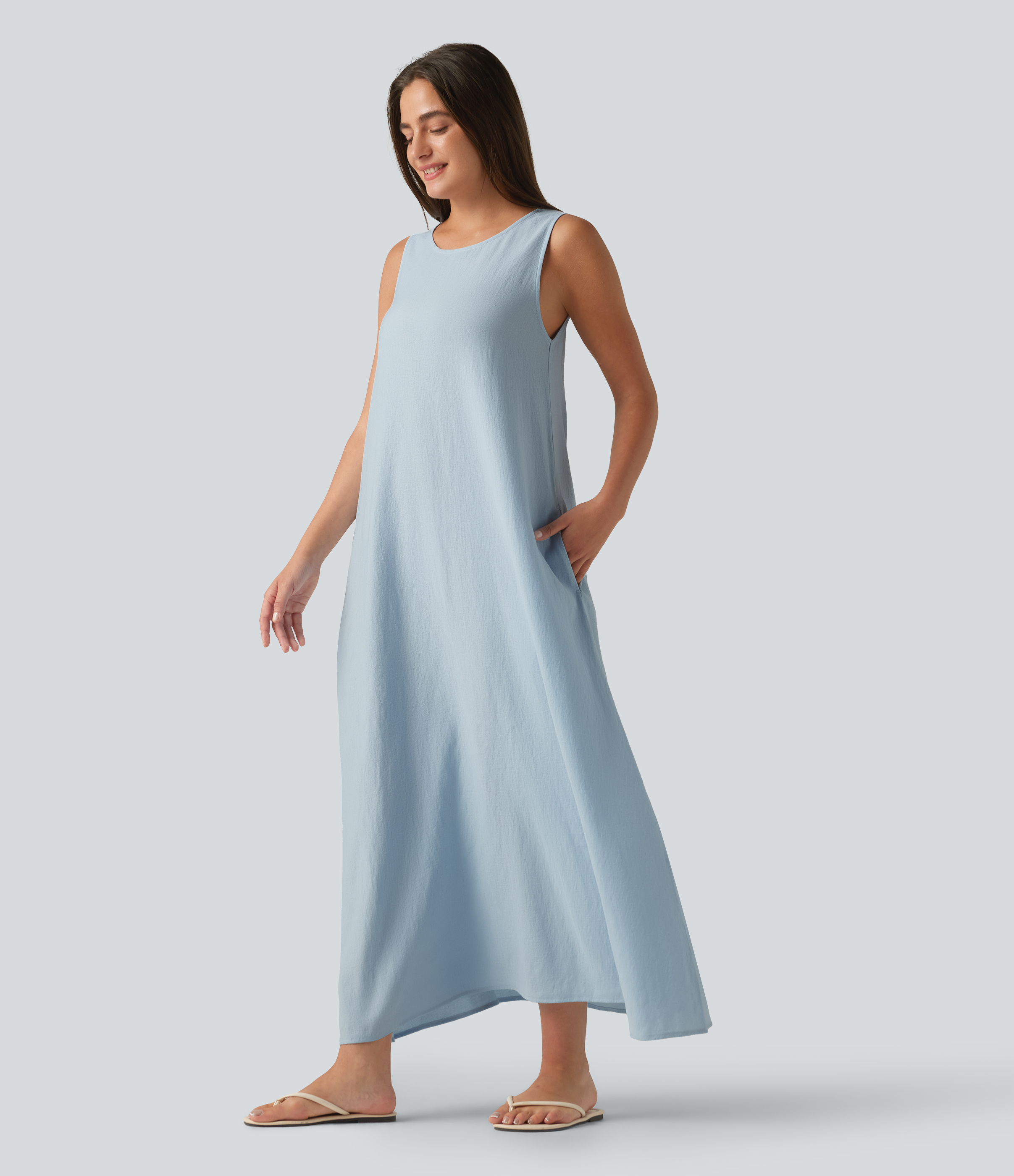 Round Neck Sleeveless Midi Plain Casual Tank Dress with Pockets