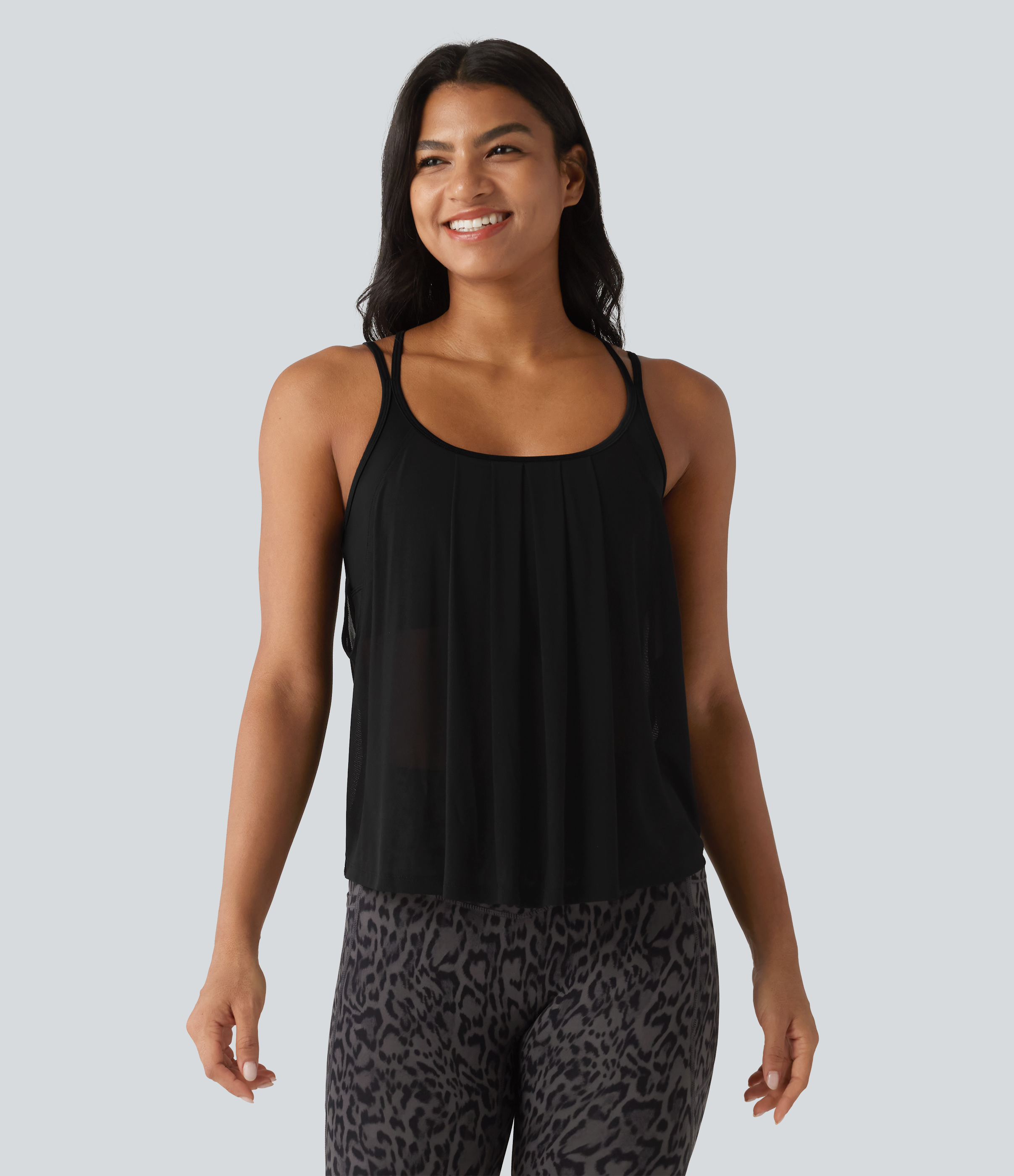 Contrast Mesh Built-in Bra Pleated Yoga Cami Top
