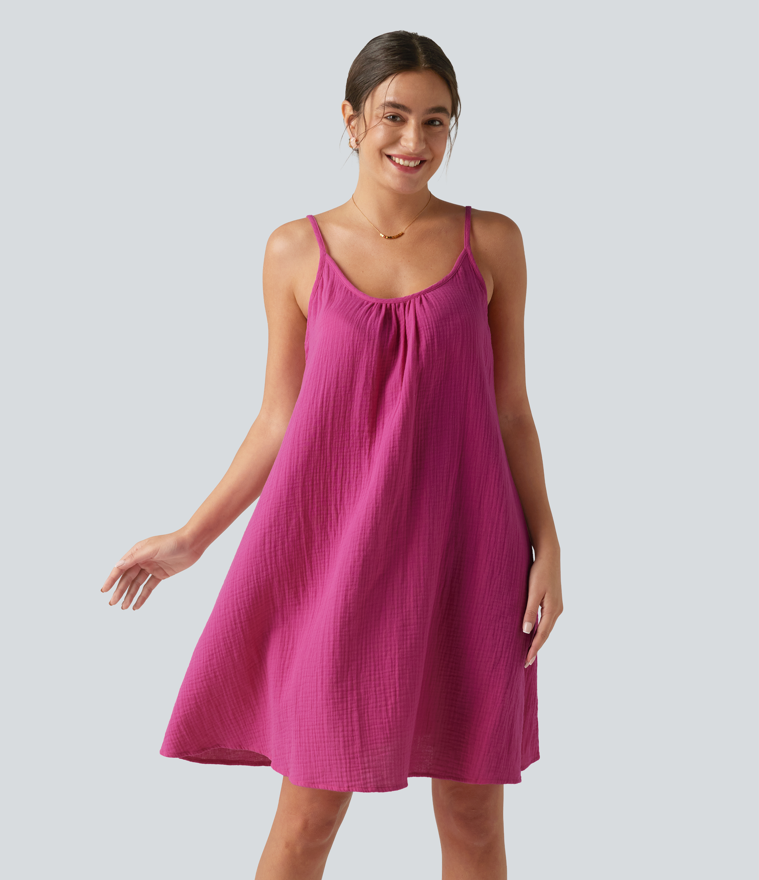 Adjustable Straps Mini Flowy Casual Cotton Slip Dress with Pockets