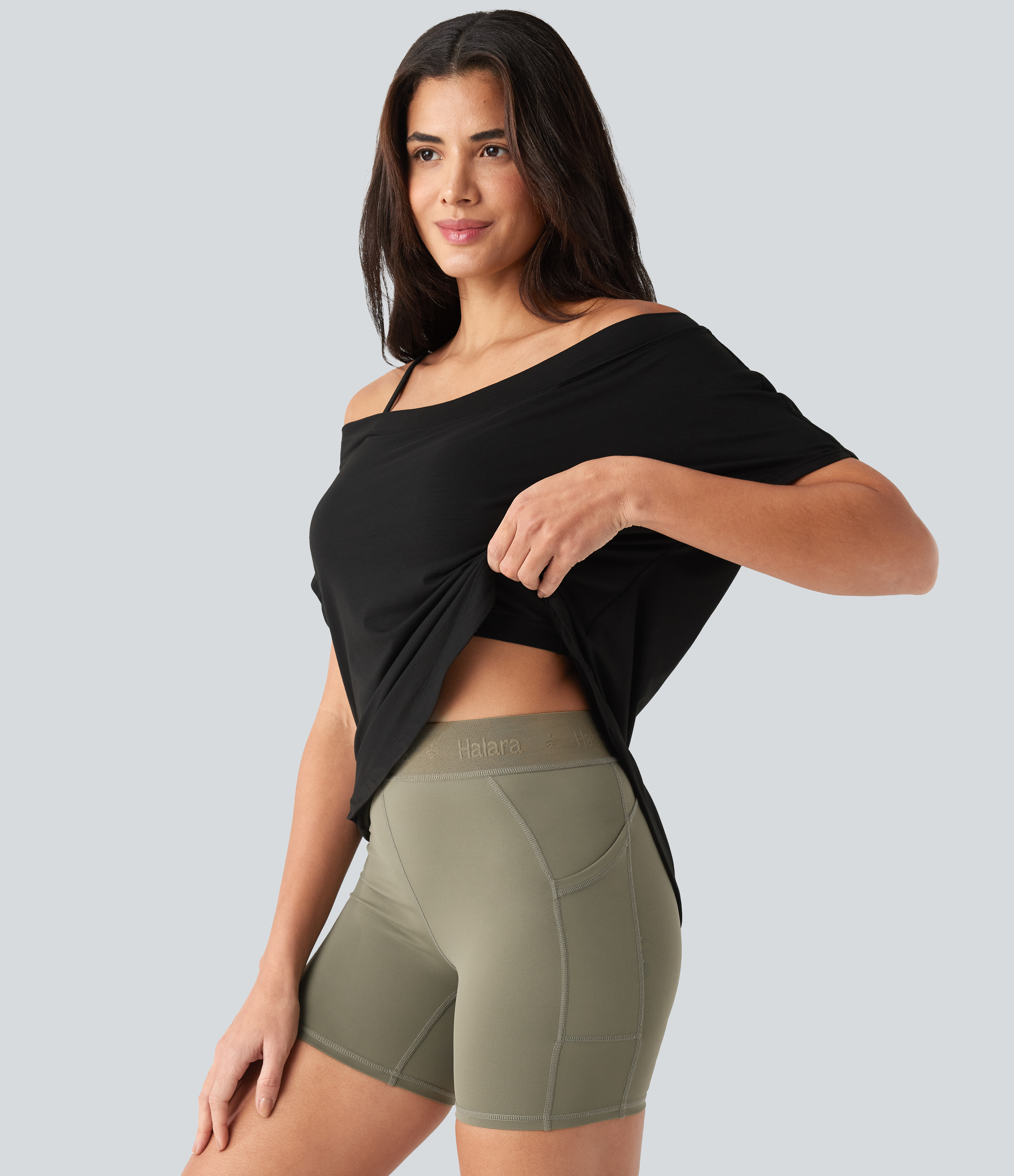 One-Shoulder-Kurzarm-Top mit geschwungenem High-Low-Saum, integriertem BH, schnelltrocknend – Yoga- und Sporttop