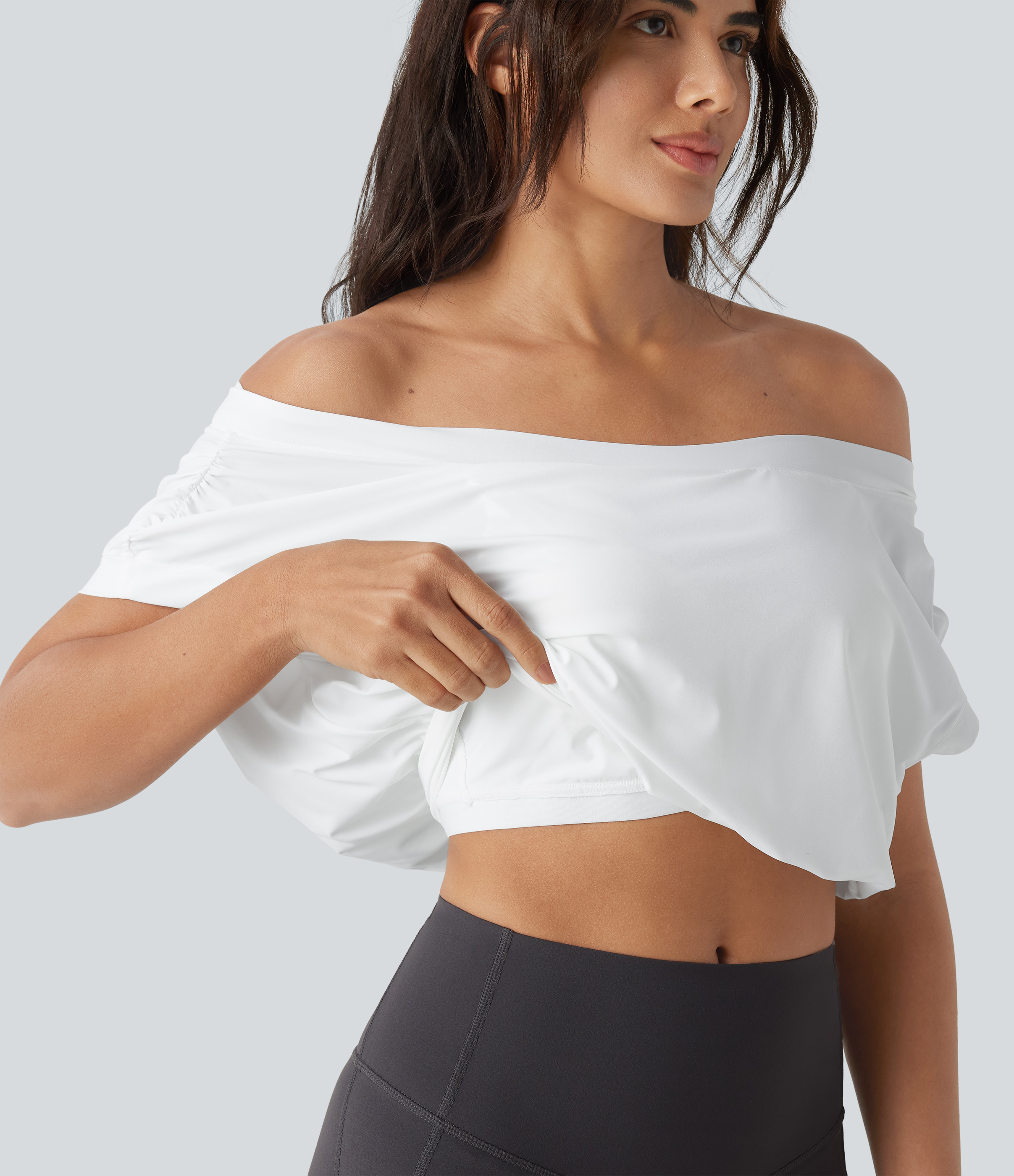 Schulterfreies, kurzärmeliges Oversize-Sporttop für Yoga, Cool-Touch, schnell trocknend