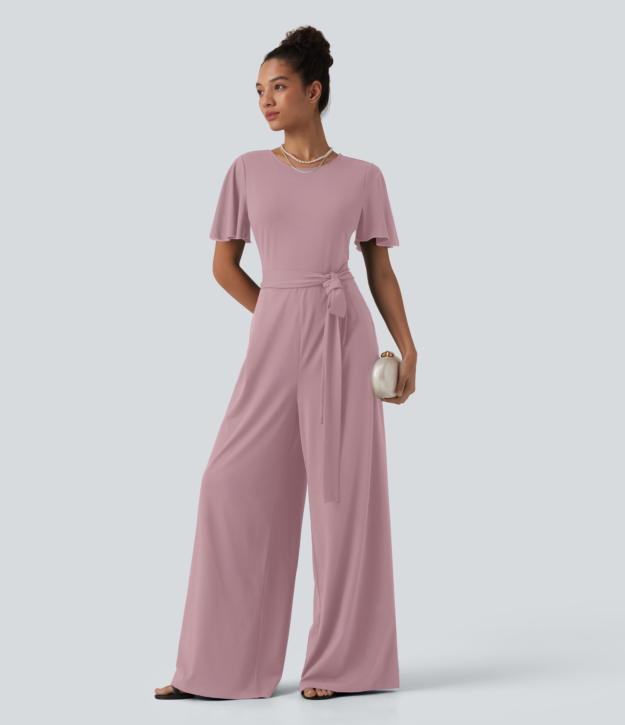 Round Neck Short Sleeve Tie Front Wide Leg Jumpsuit with Pockets-Easy Peezy Edition