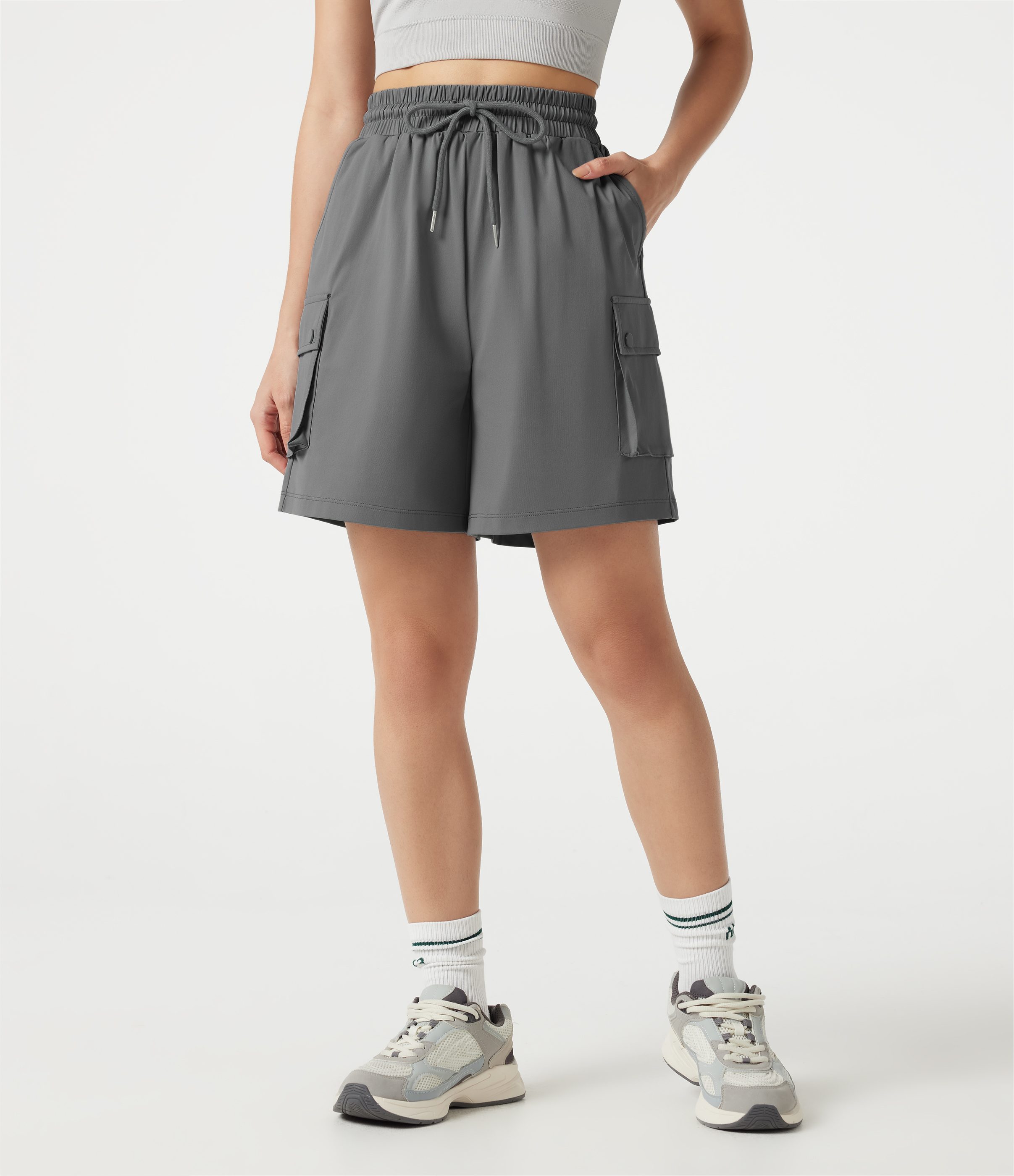 High-waisted Drawstring Workout Cargo Bermuda Shorts with Pockets
