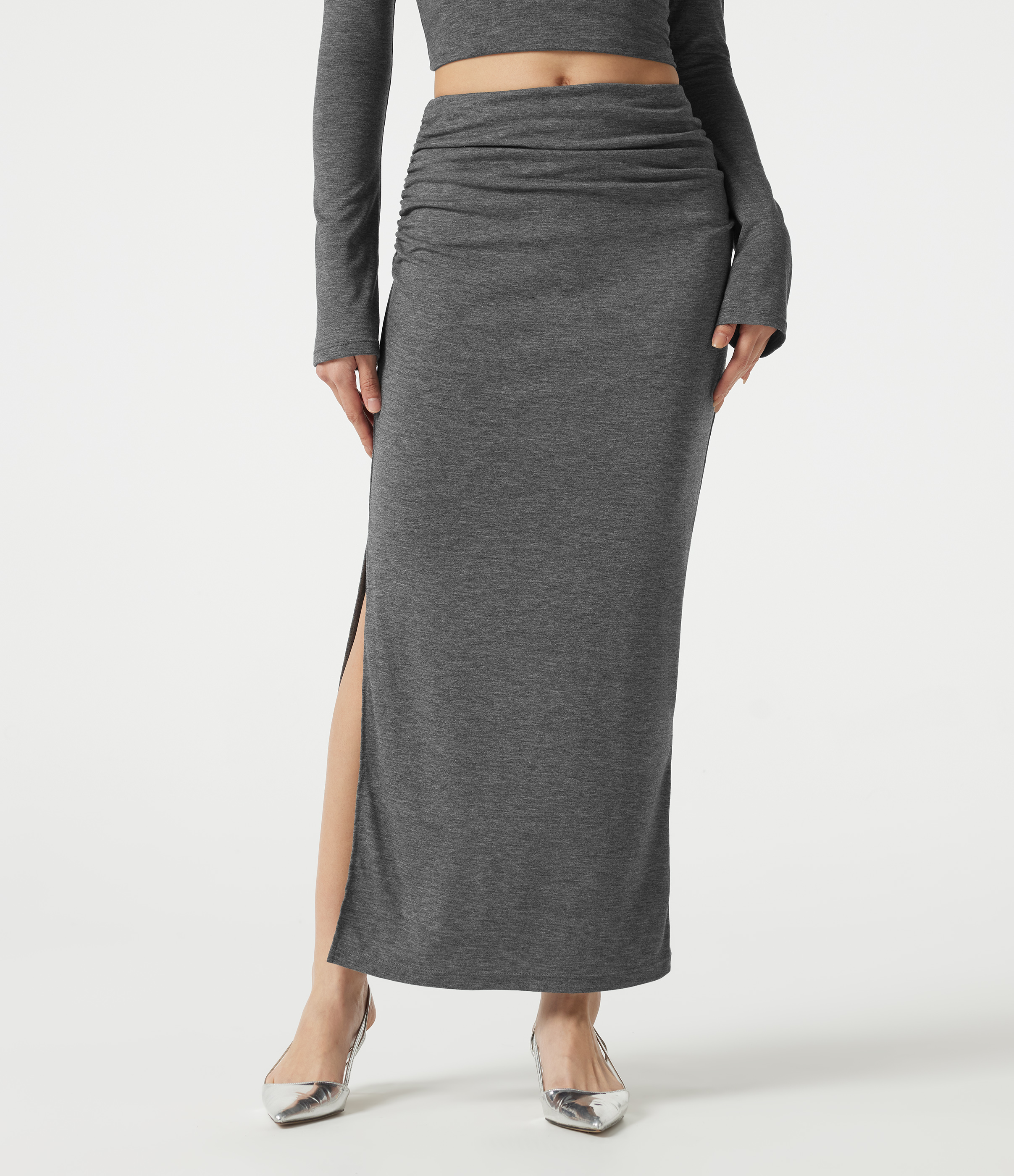 Mid Rise Ruched Bodycon Maxi Skirt