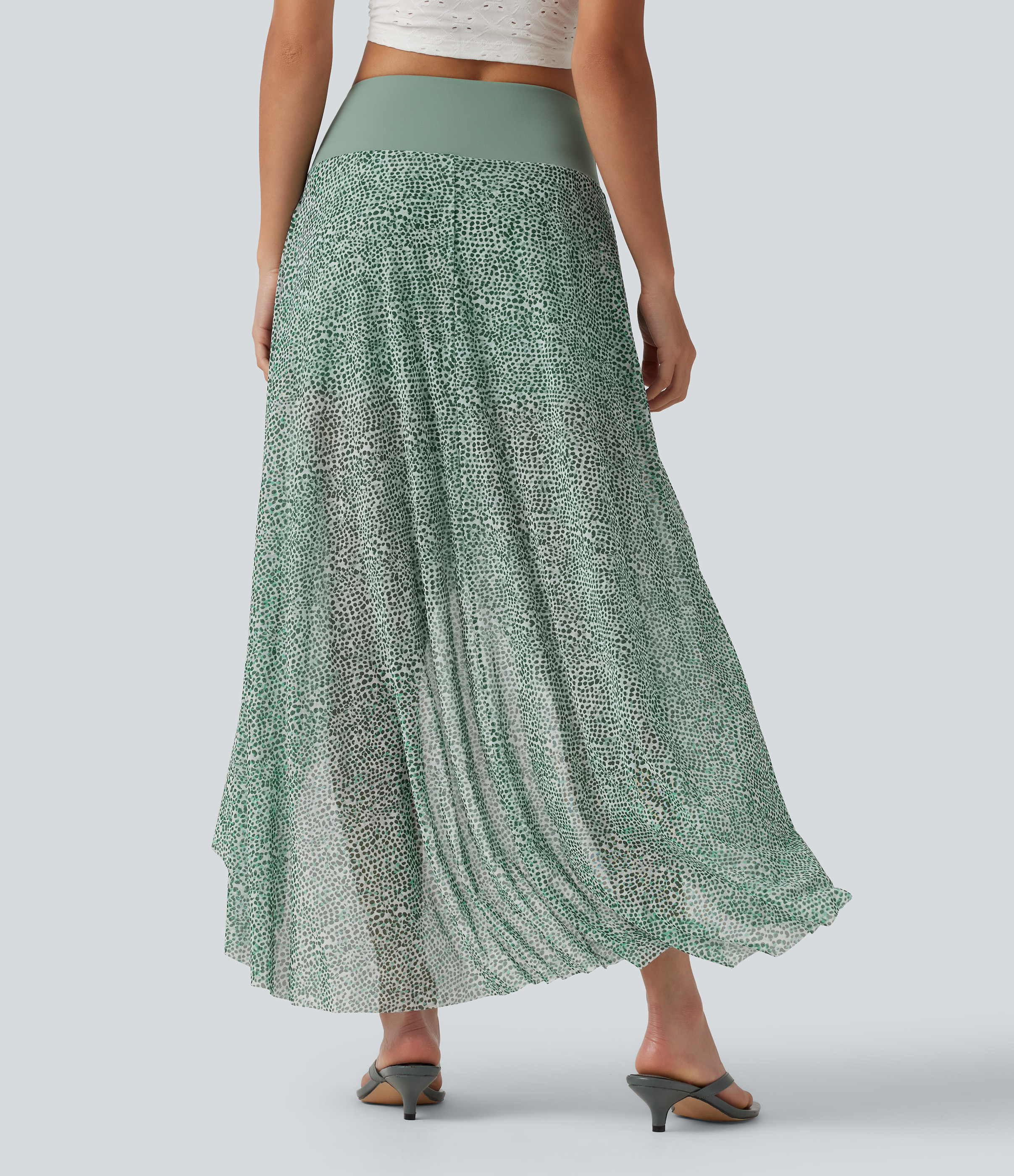 Moss Pebble Dot High Waisted High Low Ruffle 2-in-1 Leopard Print Mesh Maxi Skirt / 2