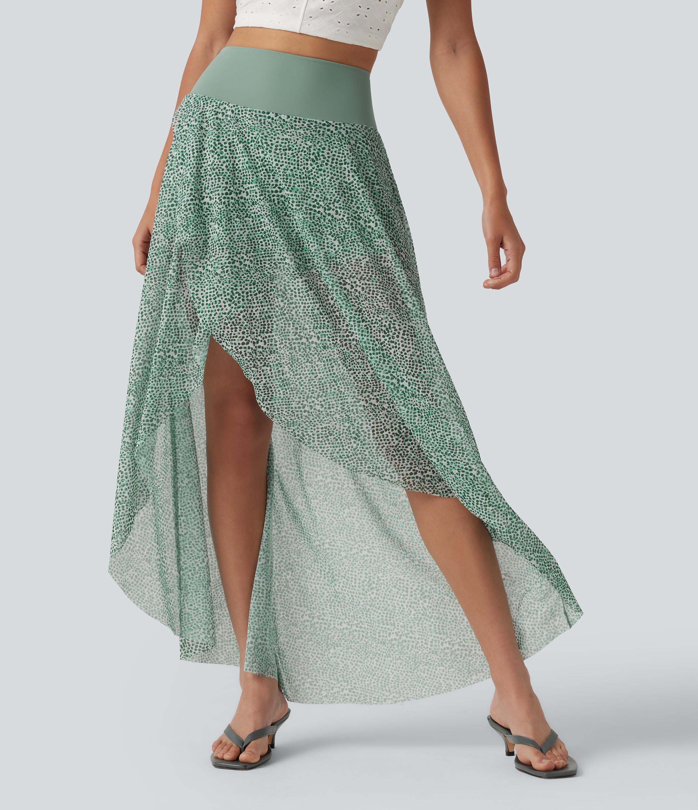 High Waisted High Low Ruffle 2-in-1 Leopard Print Mesh Maxi Skirt