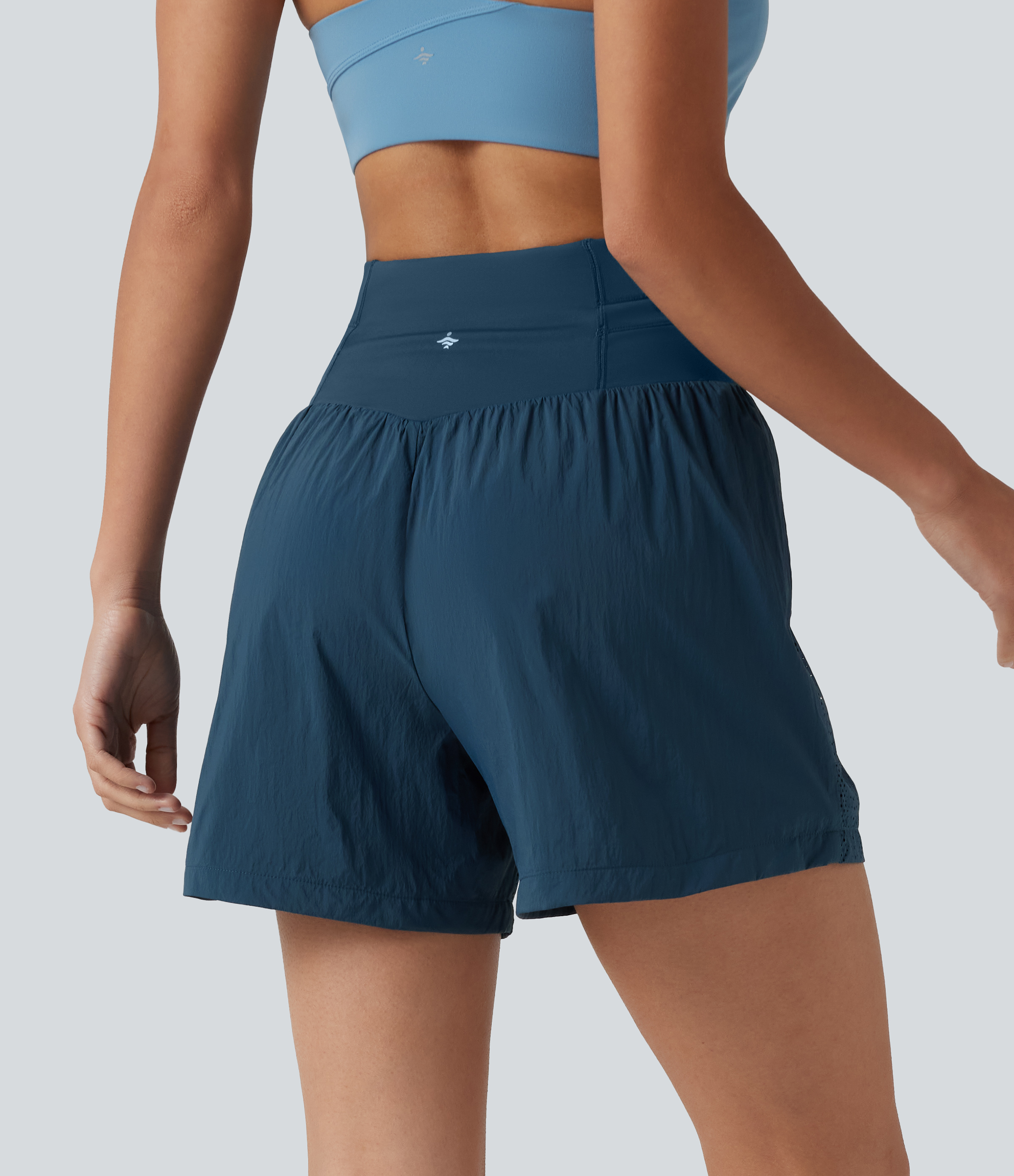 Majolica Blue Shorts de running de cintura alta con cordón y ojales, 5'' con bolsillo / 2