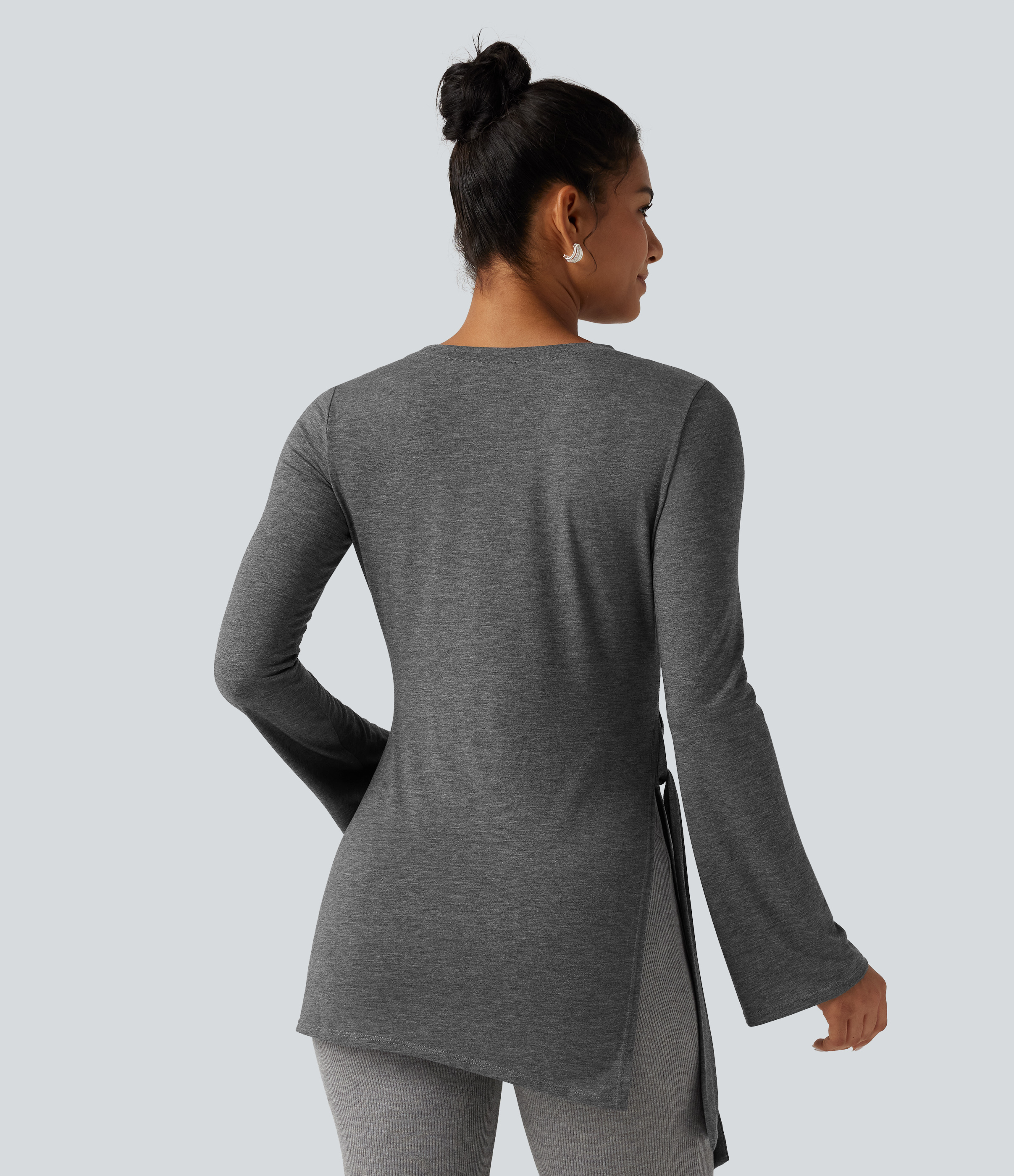 Darl Gray Floral Yarn Round Neck Long Sleeve Tie Side Asymmetric Hem Casual Top / 2