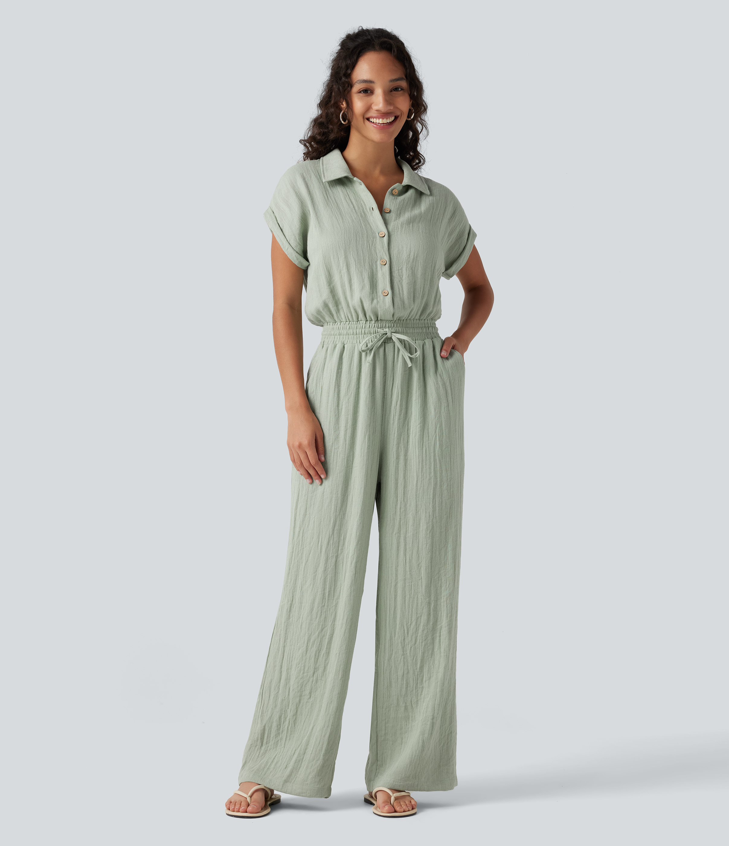 Short Sleeve Drawstring Baggy Casual Linen-Feel Jumpsuit with Pockets
