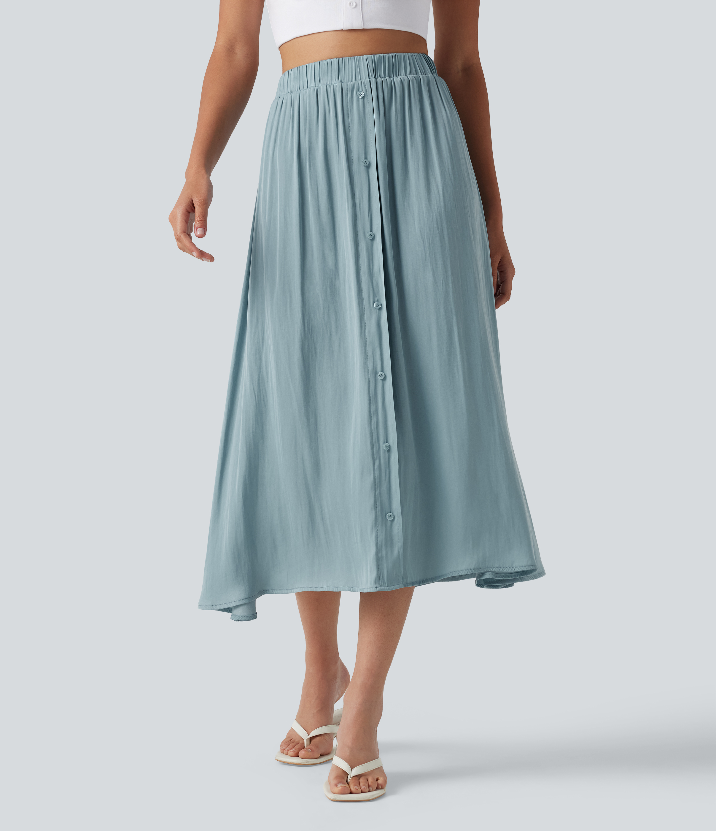High Waisted A-Line Flowy Midi Casual Skirt