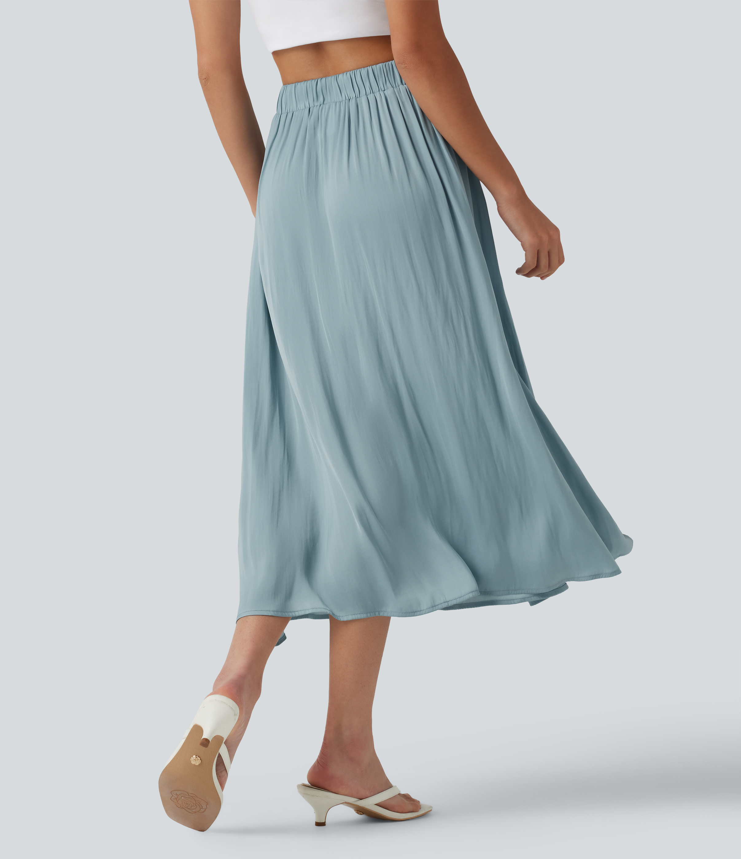Stone Blue High Waisted A-Line Flowy Midi Casual Skirt / 2