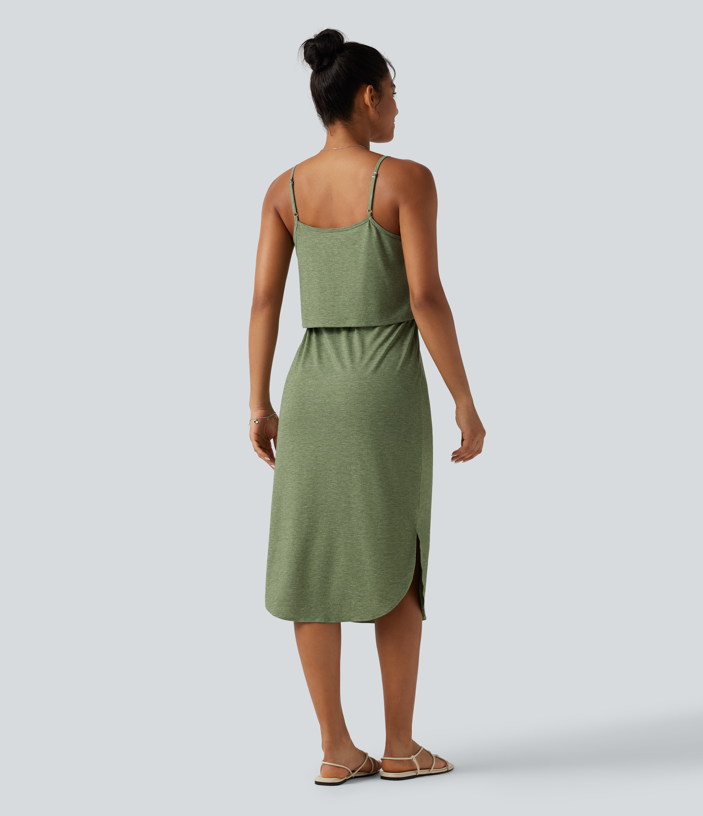 Light Green Floral Yarn Drawstring Curved Split Hem Midi Casual Slip Dress / 2