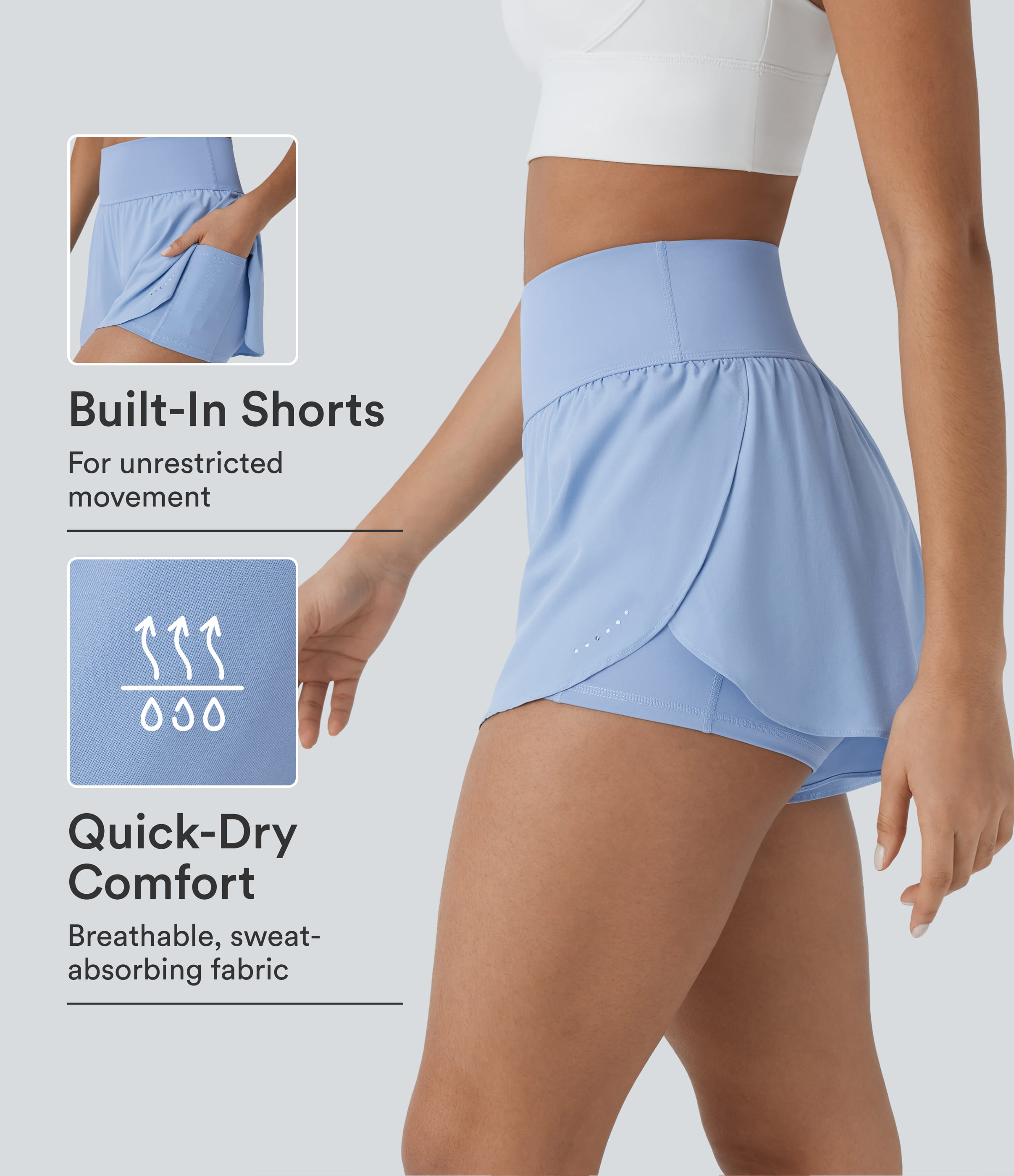 SoftlyZero™ QuickDry High Waisted Tummy Control Reflective Dots Crossover Hem 2-in-1 Running Shorts 3'' with Pockets