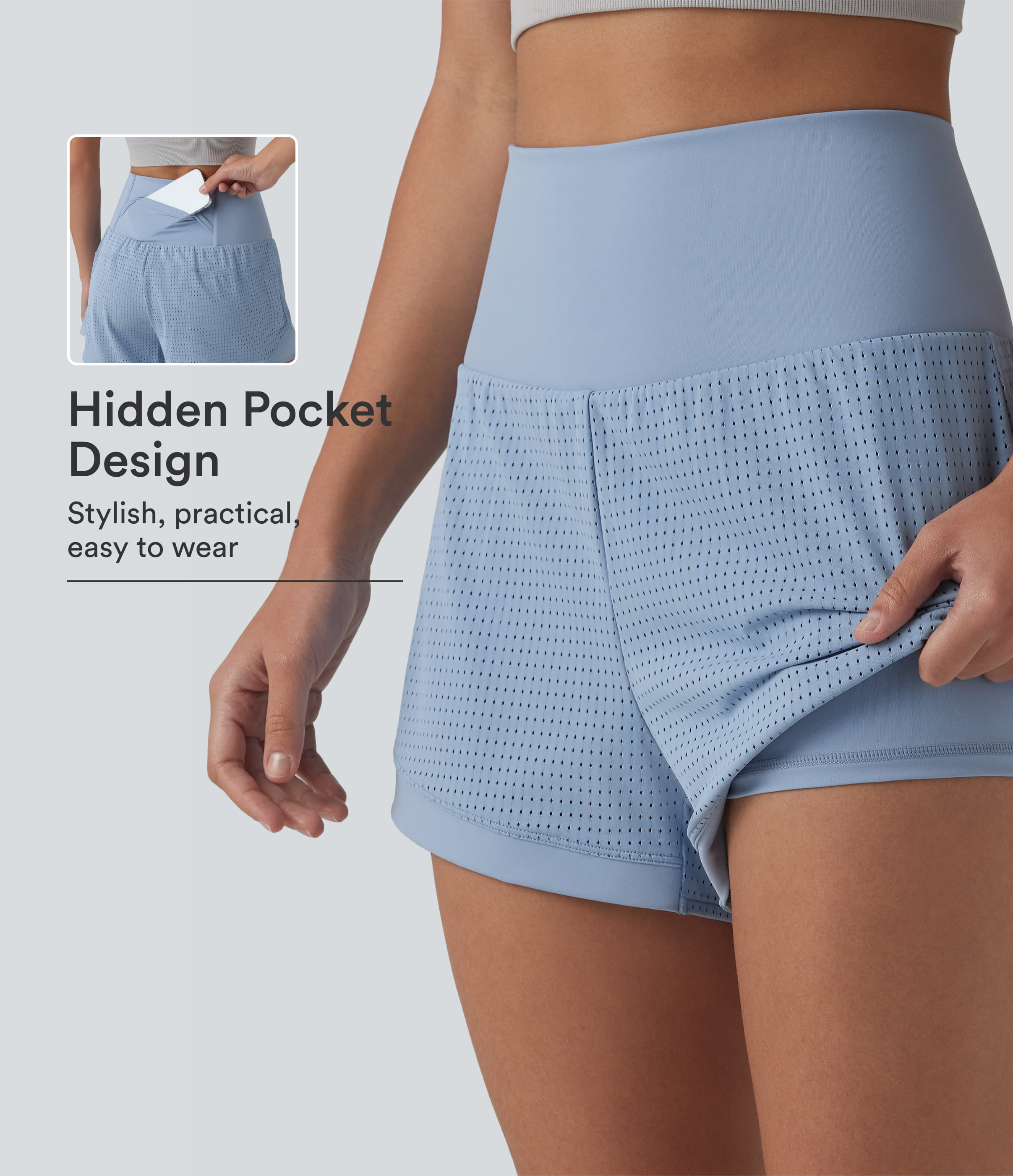 High Waisted Tummy Control Eyelet 2-in-1 Yoga Shorts 2.5'' with Pocket