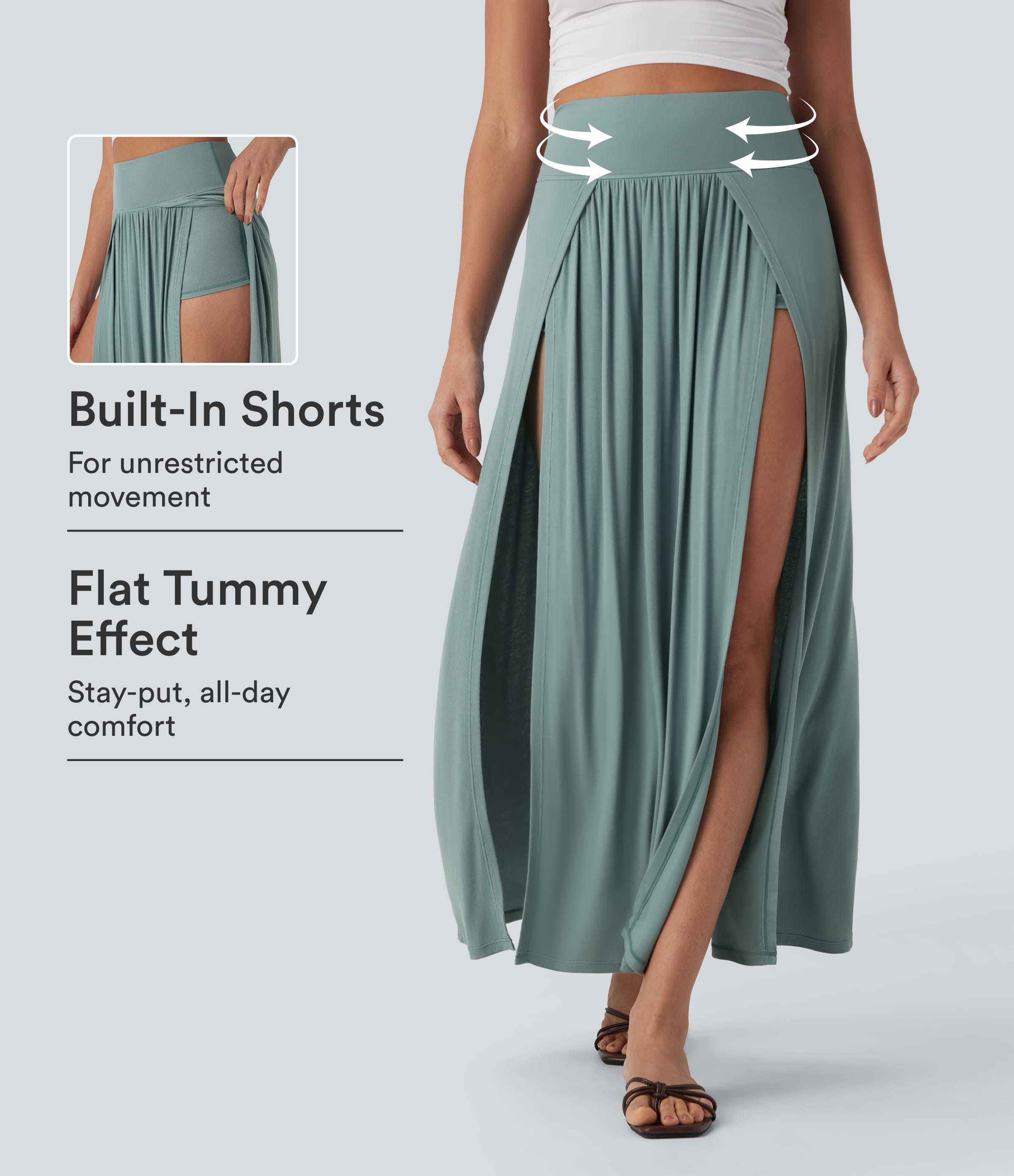 Ribbed High Waisted Tummy Control Draped 2-in-1 Maxi Casual Skirt