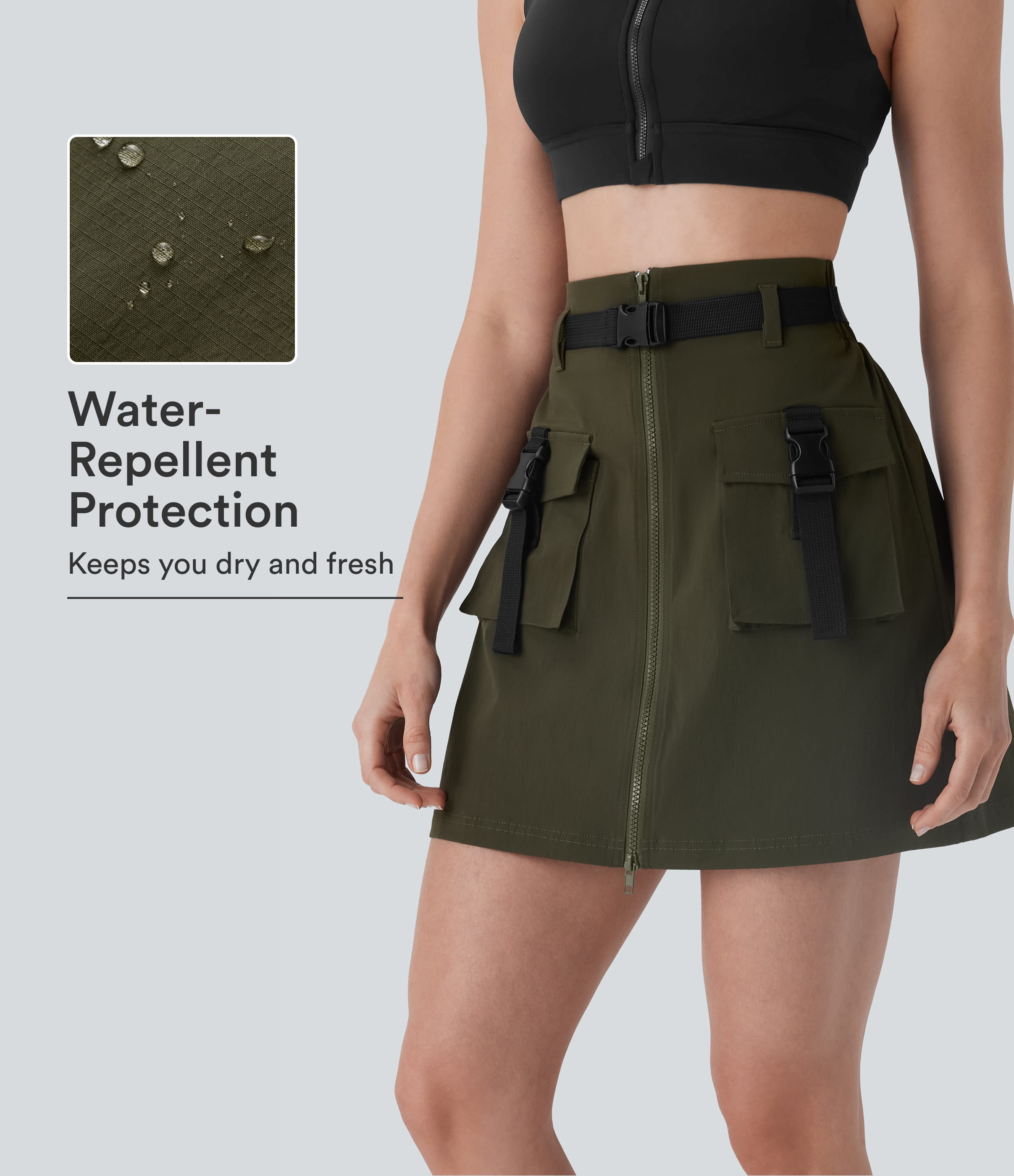 Water Repellent Super High Waisted Belted Zipper Mini A-line Ripstop Camping Cargo Skirt with Pockets