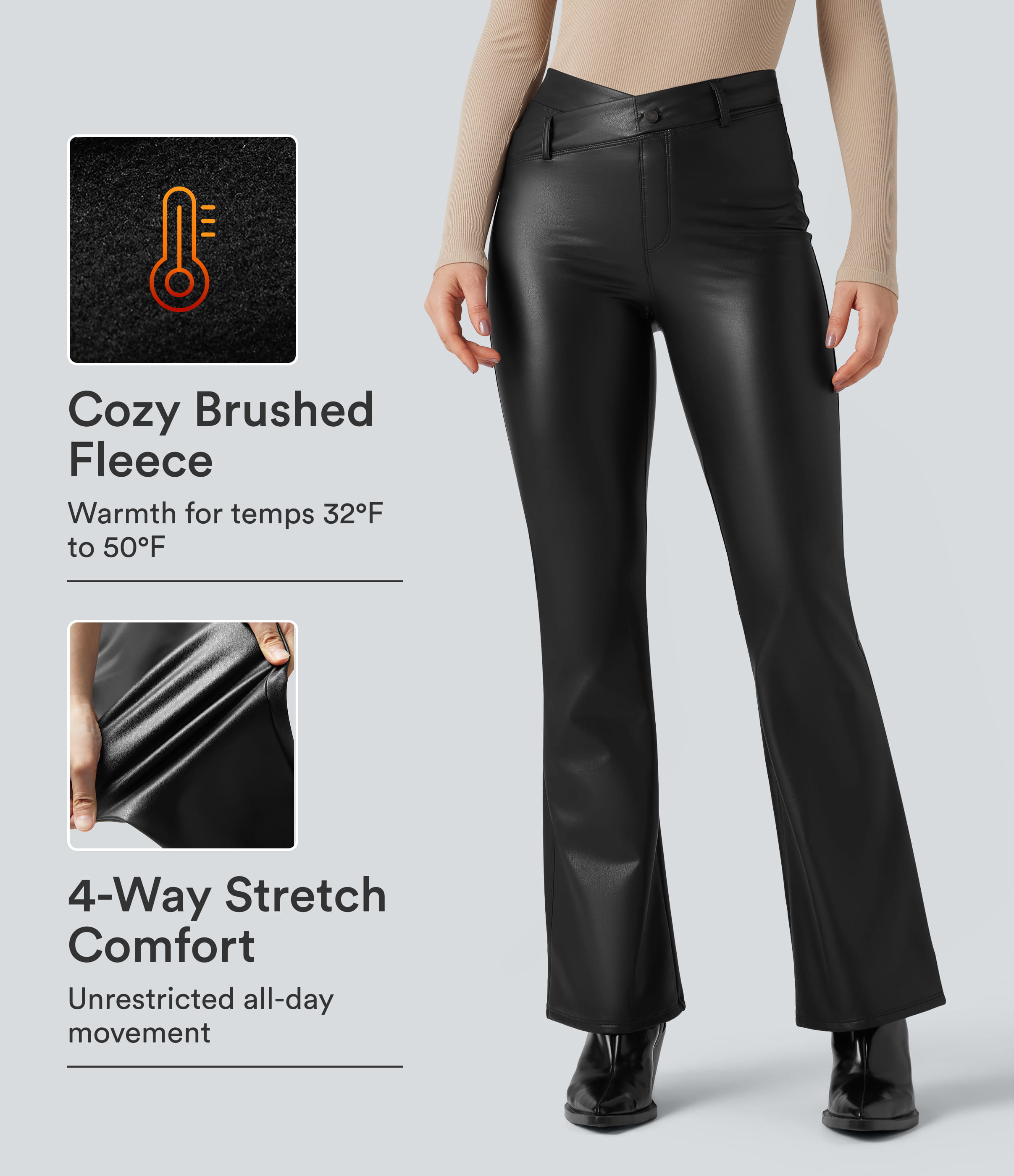 Asymmetric High Waisted Tummy Control Stretchy PU Fleece Casual Flare Pants with Pockets