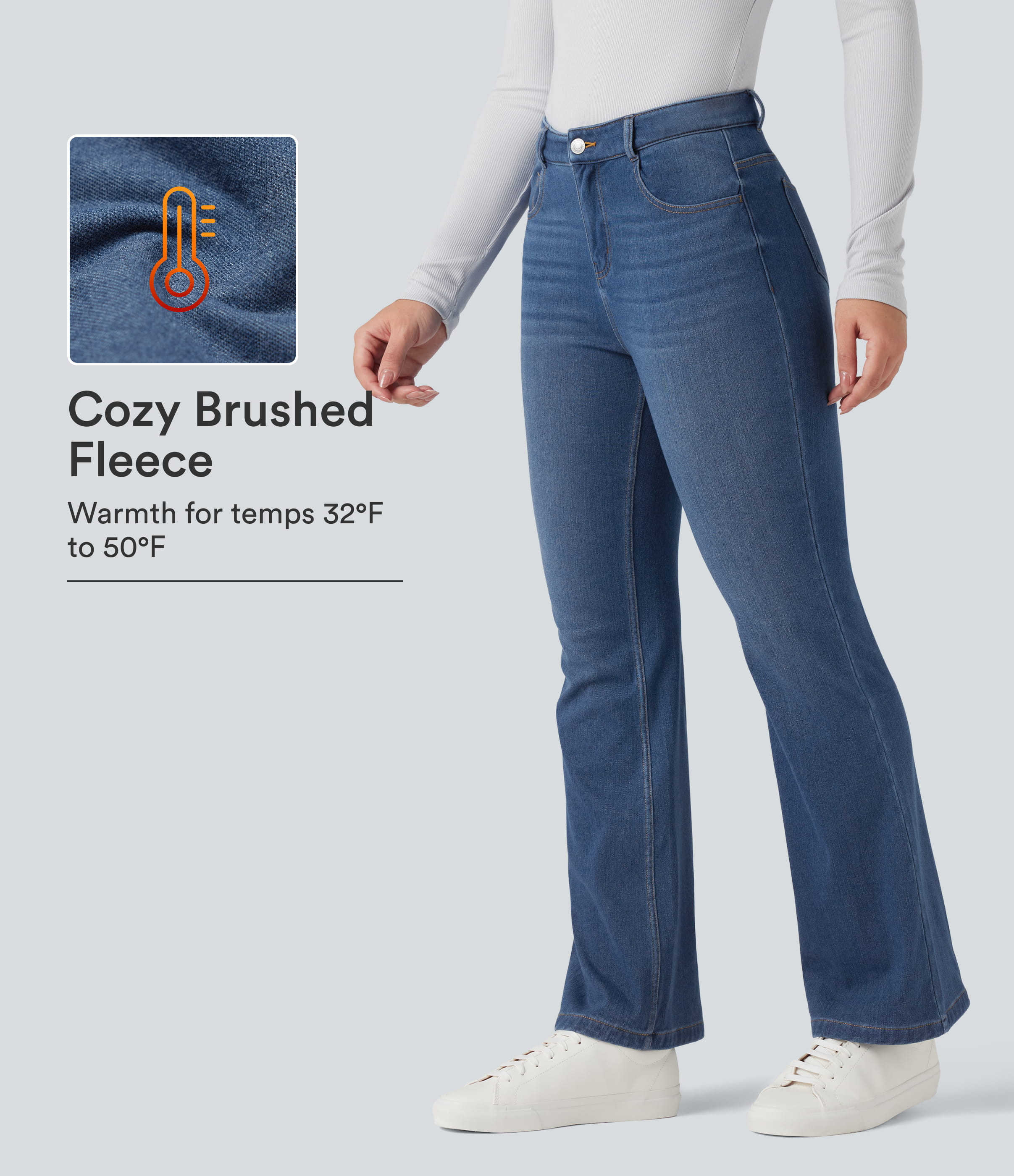 Halara Flex™ Mid-Rise Fleece lässige Flare-Jeans mit mittlerer Bundhöhe und Taschen