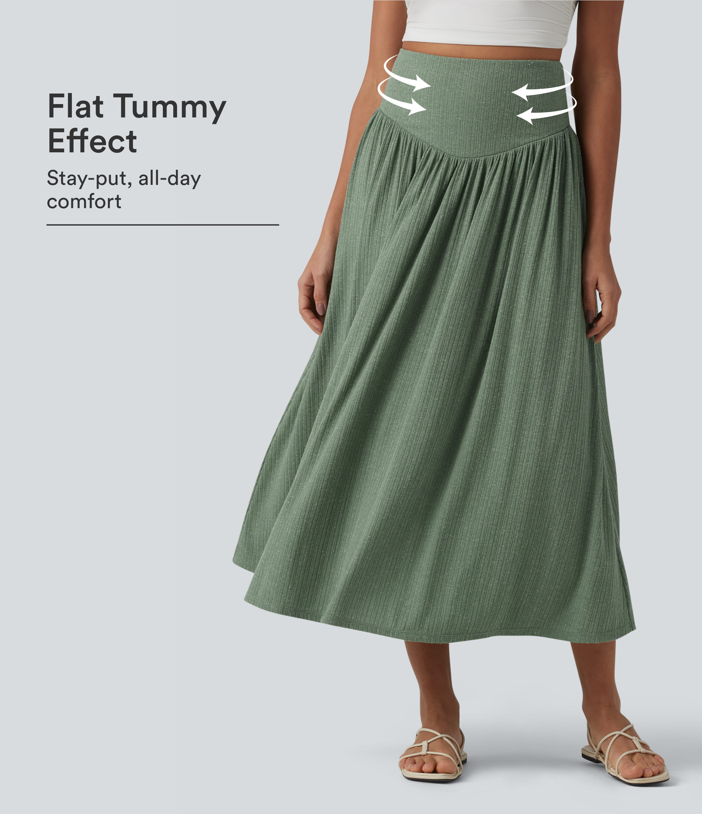 Jupe midi en maille côtelée, taille haute, effet ventre plat, fluide et décontractée, en mélange de lin