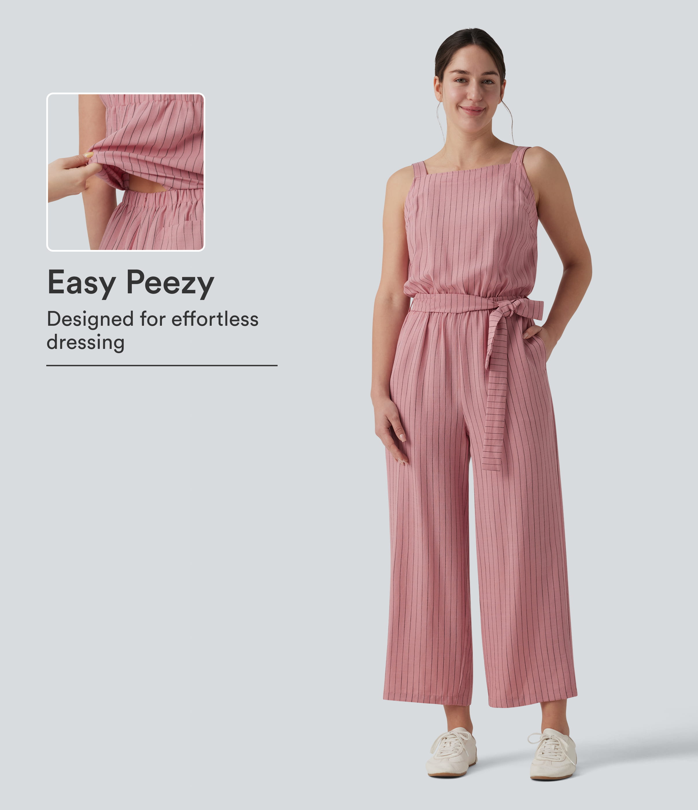 Square Neck Adjustable Straps Sleeveless Belted Stripes Casual Linen-Feel Jumpsuit with Pockets-Easy Peezy