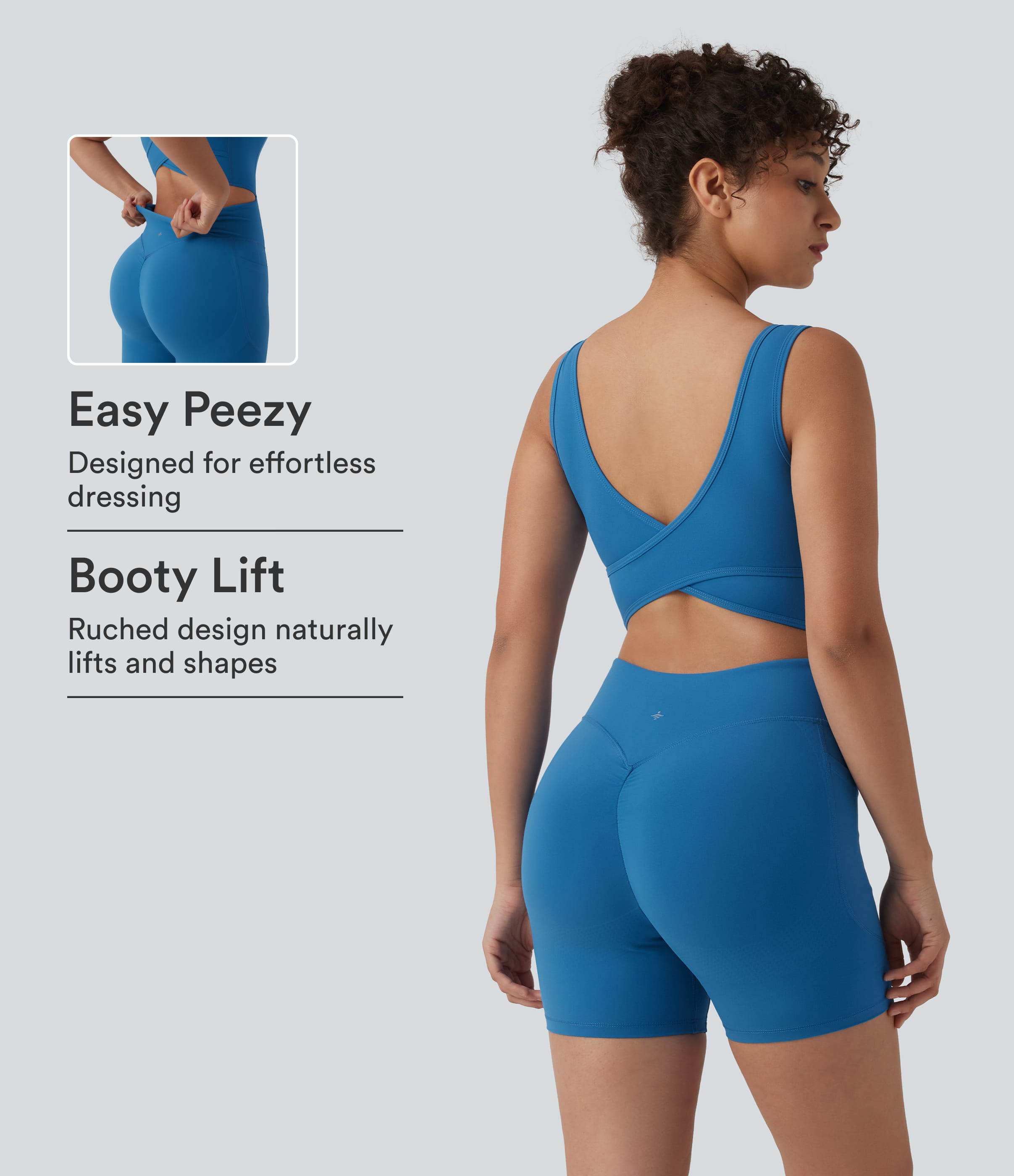 Halara UltraSculpt™ Crisscross Backless Tummy Control Butt Lifting Scrunch Non-Removable Pad Workout Skinny Romper with Pockets-Easy Peezy