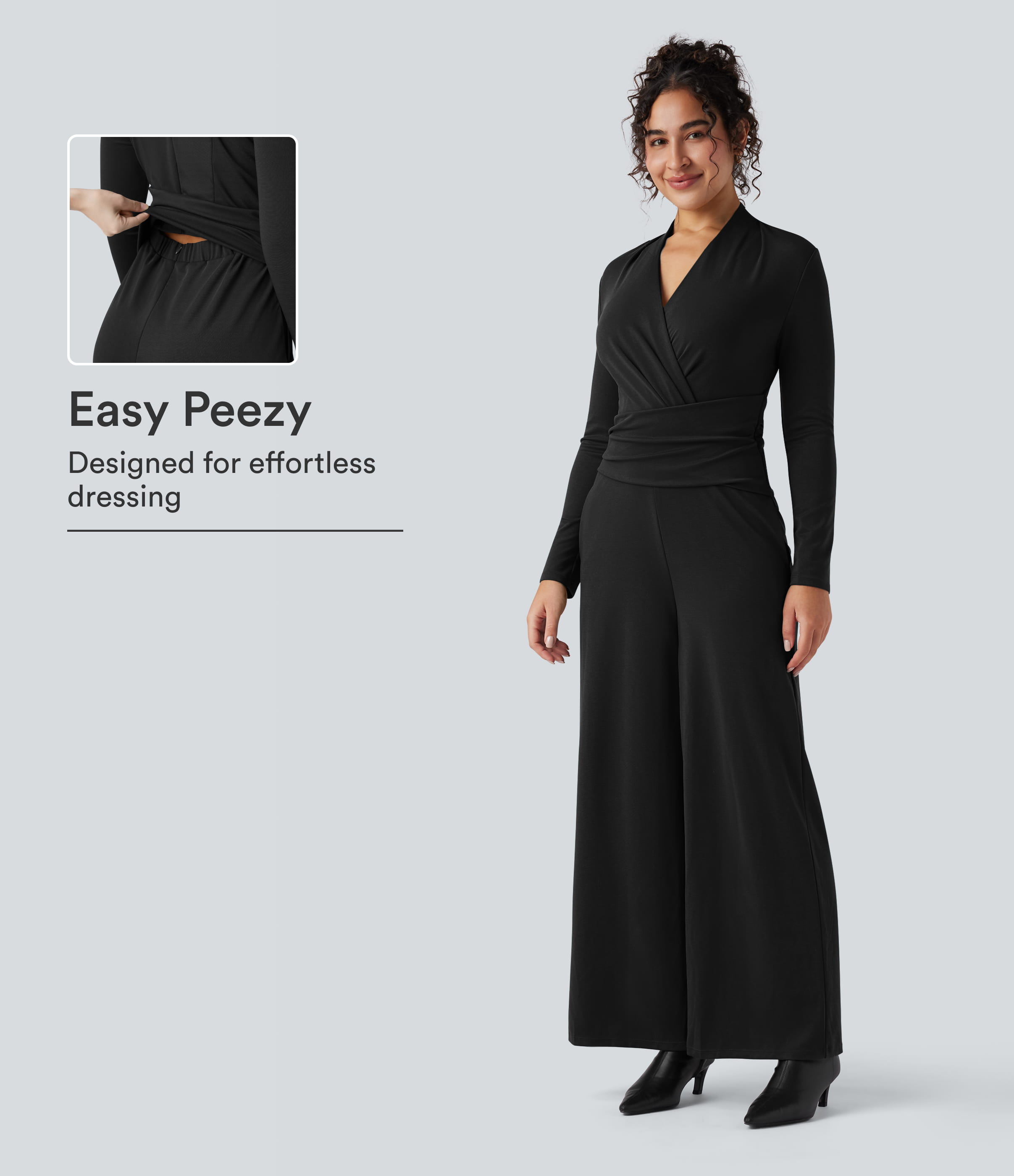 V-neck Zipper Long Sleeve Work Jumpsuit with Pockets-Easy Peezy