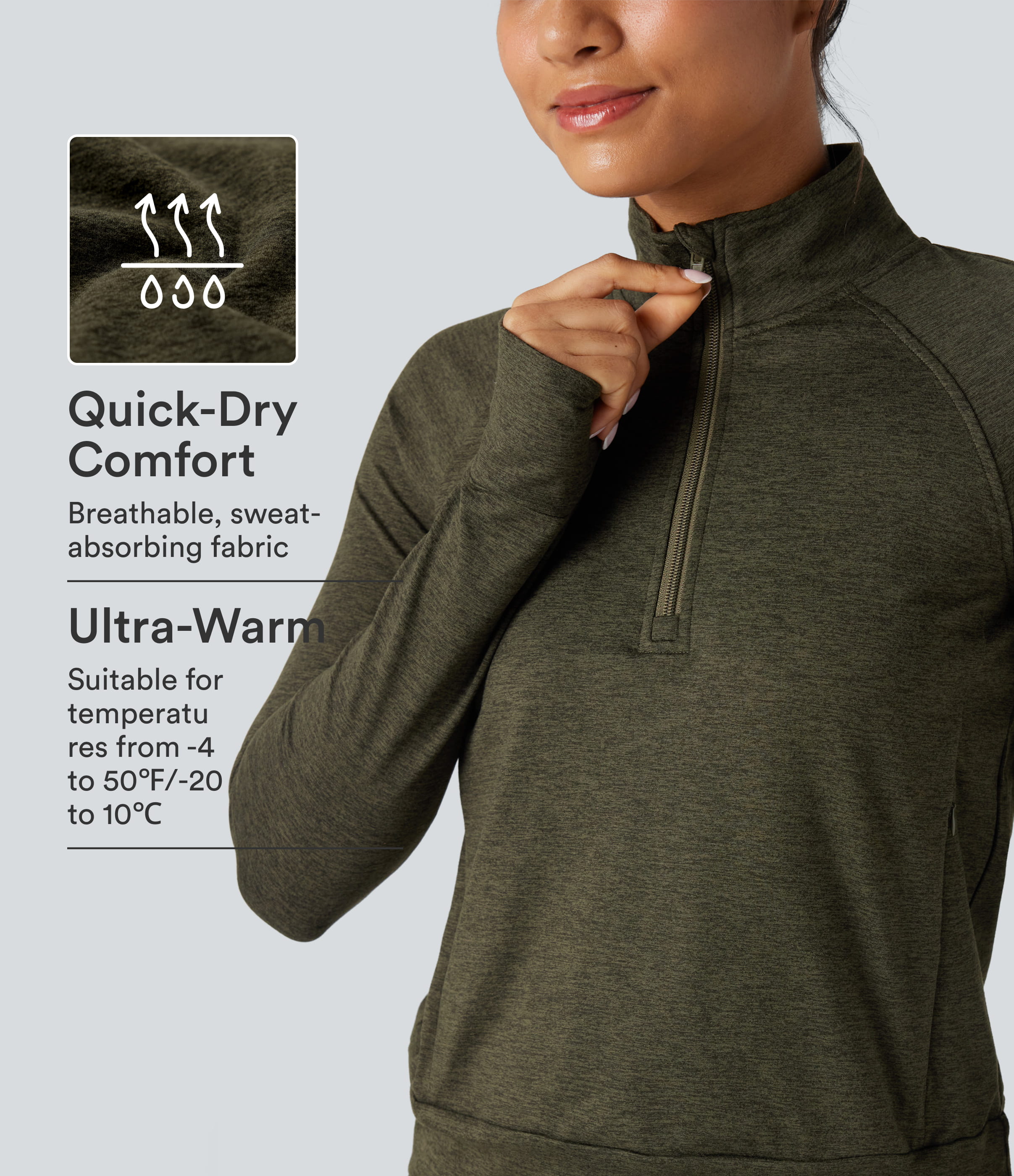 Half Zipper Thumb Holes Quick Dry Fleece Casual Heathered Sweatshirt with Pockets-UPF40+