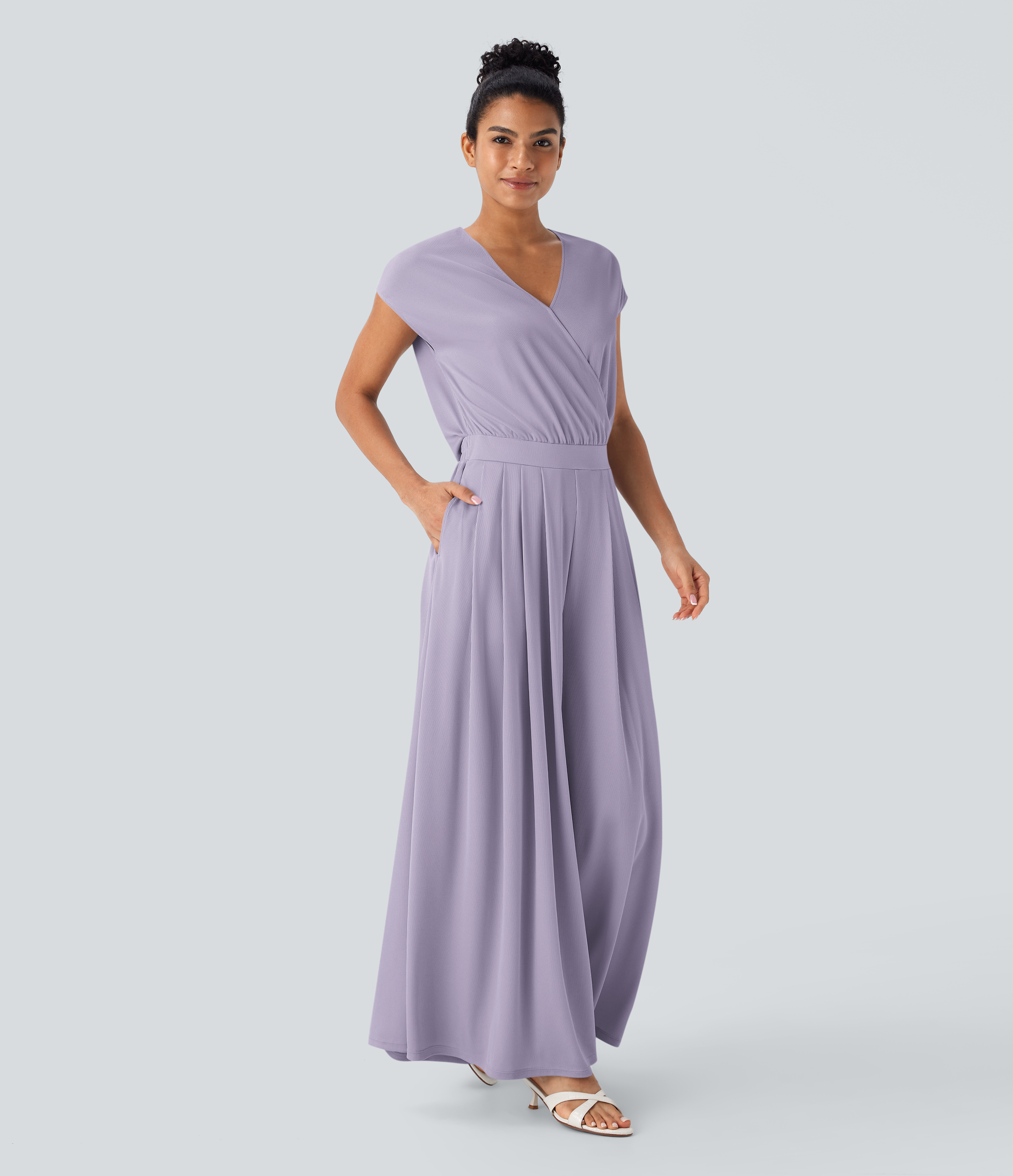 V Neck Short Sleeve Pocket Wide Leg Flowy Waffle Casual Jumpsuit-Easy Peezy Edition