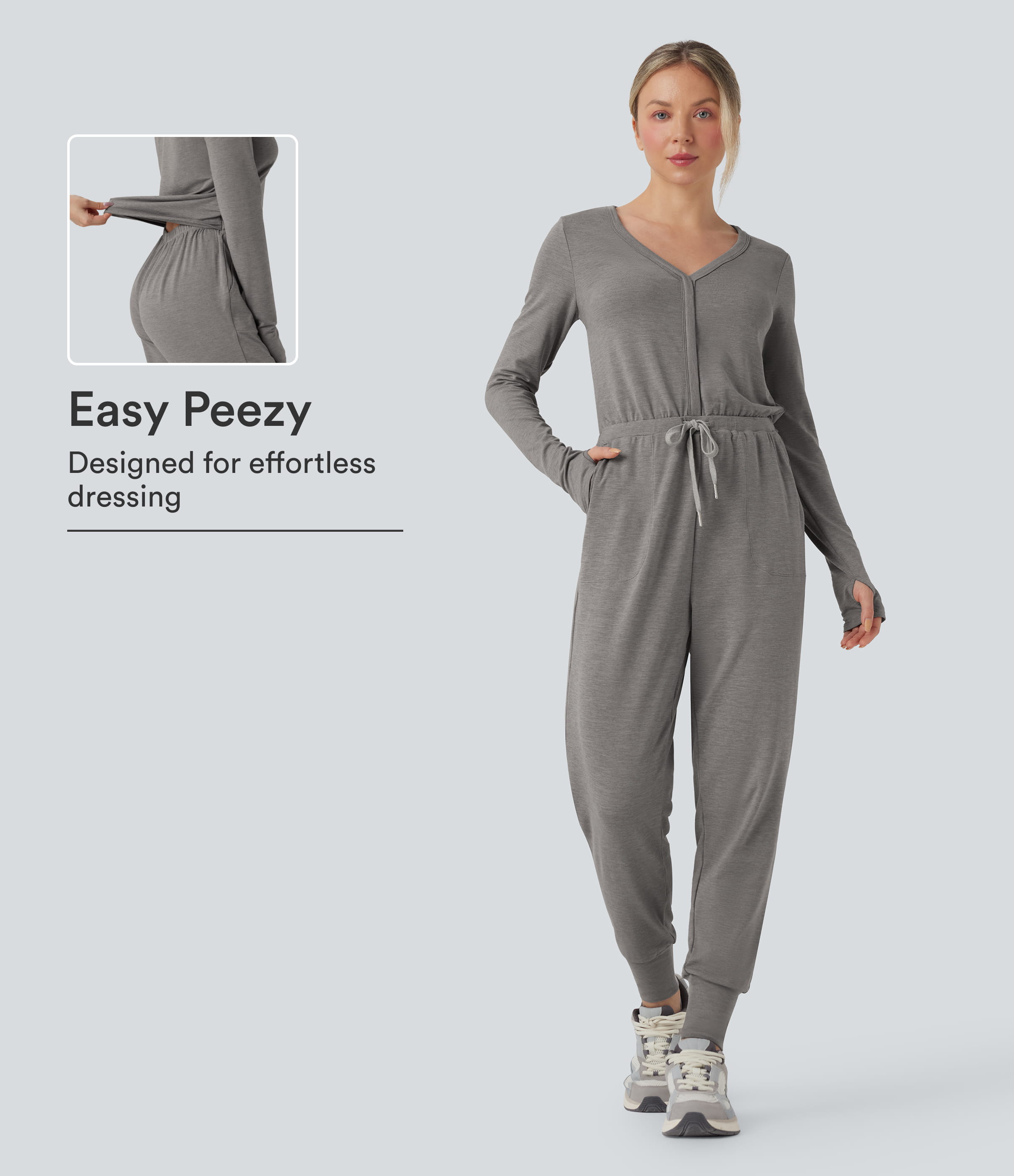 V Neck Long Sleeve Thumb Hole Drawstring Workout Jumpsuit with Pockets-Easy Peezy Edition
