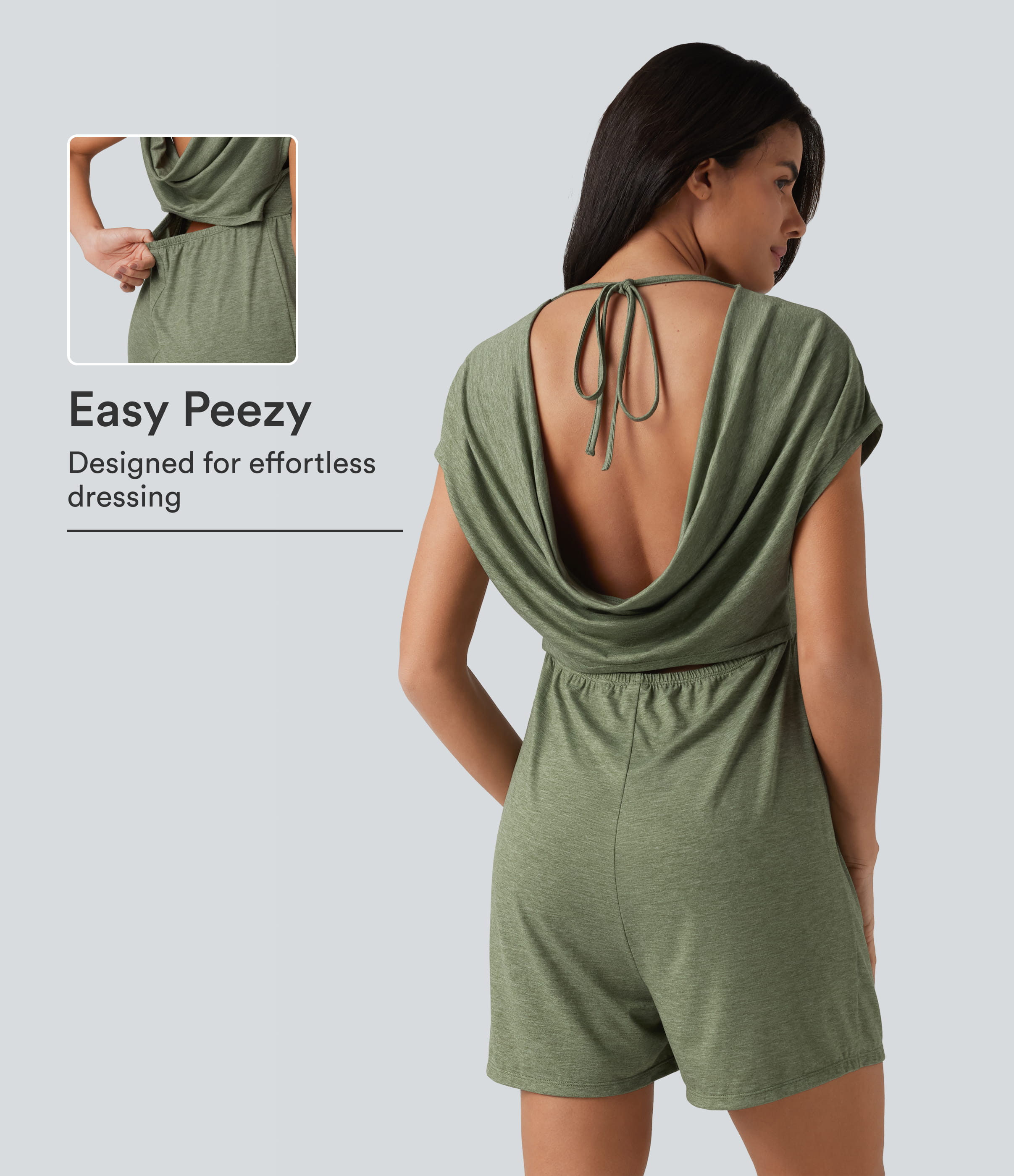Cowl-back V-neck Cap Sleeve Heathered Casual Romper with Pockets-Easy Peezy