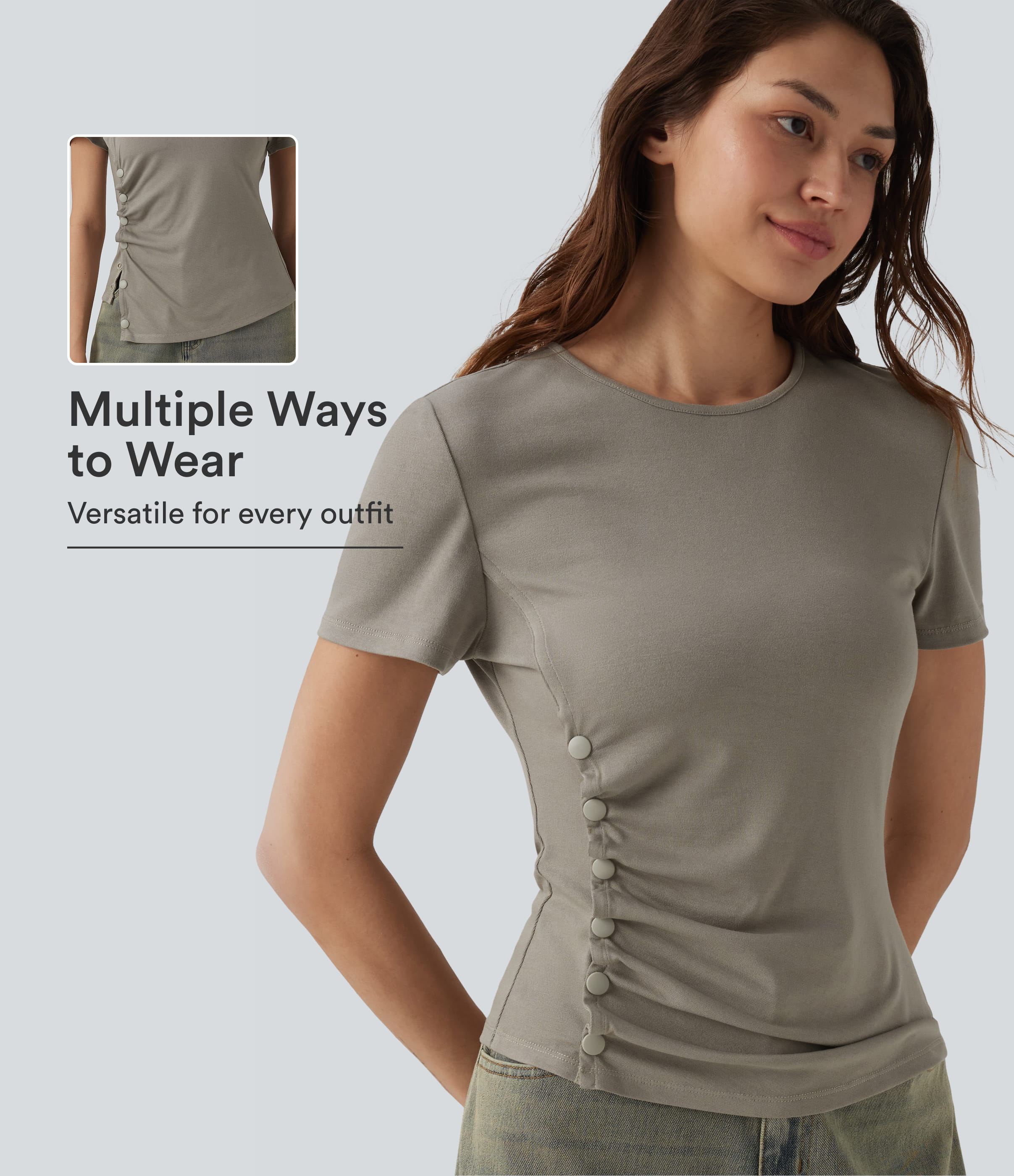 Round Neck Short Sleeve Snap Button Casual T-Shirt