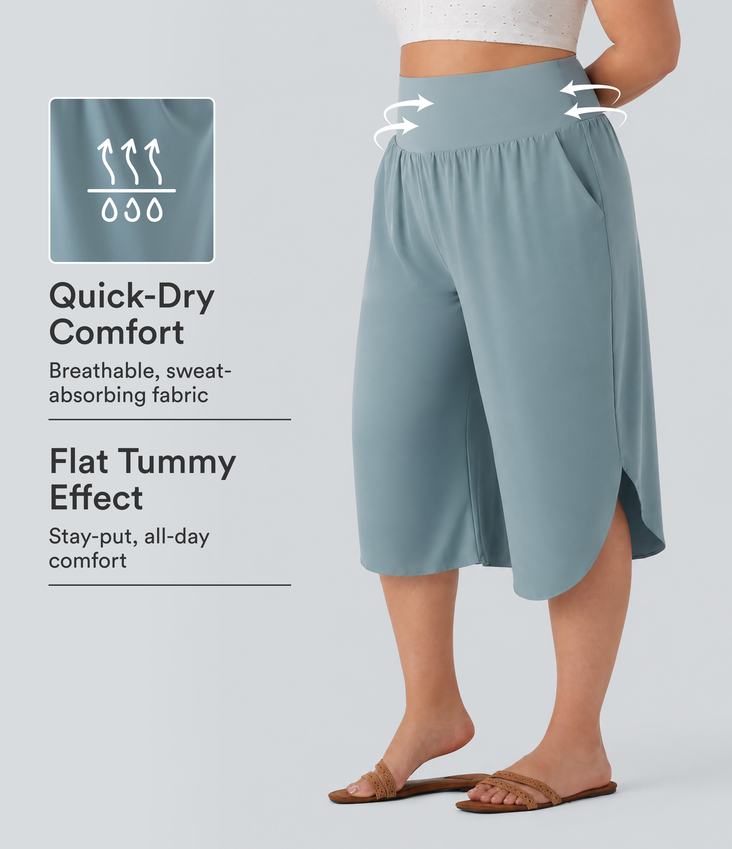 Breezeful™ Capri-Hose mit hohem Bund, bauchformender Wirkung, abgerundetem Saum, schnelltrocknend, Resort‑Stil, in Übergröße, mit Taschen