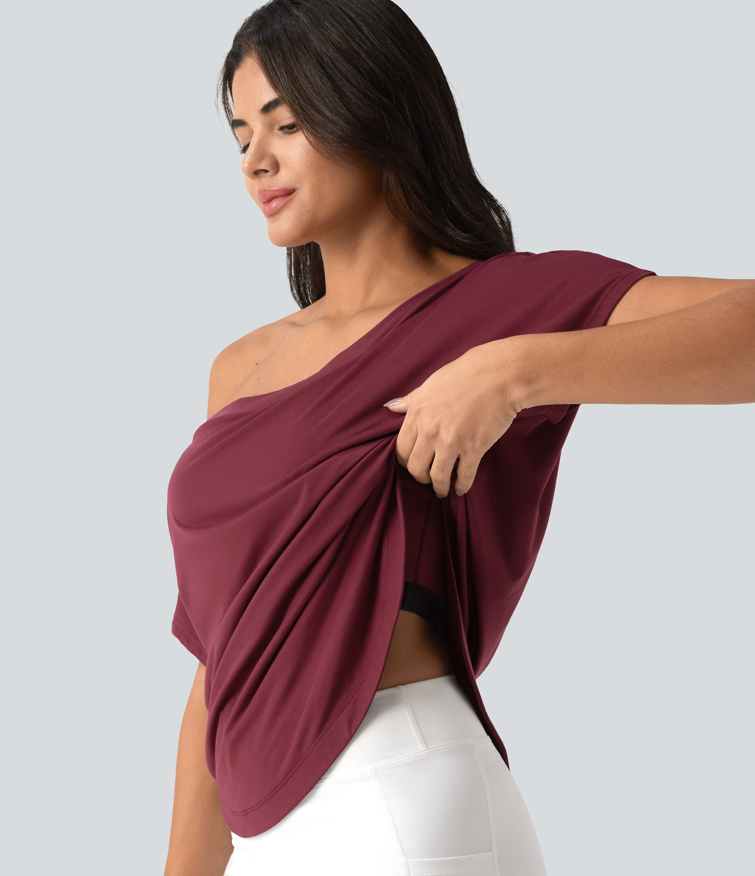 One Shoulder Short Sleeve Curved Hem High Low Quick Dry Yoga Sports Top-Built-in Bra