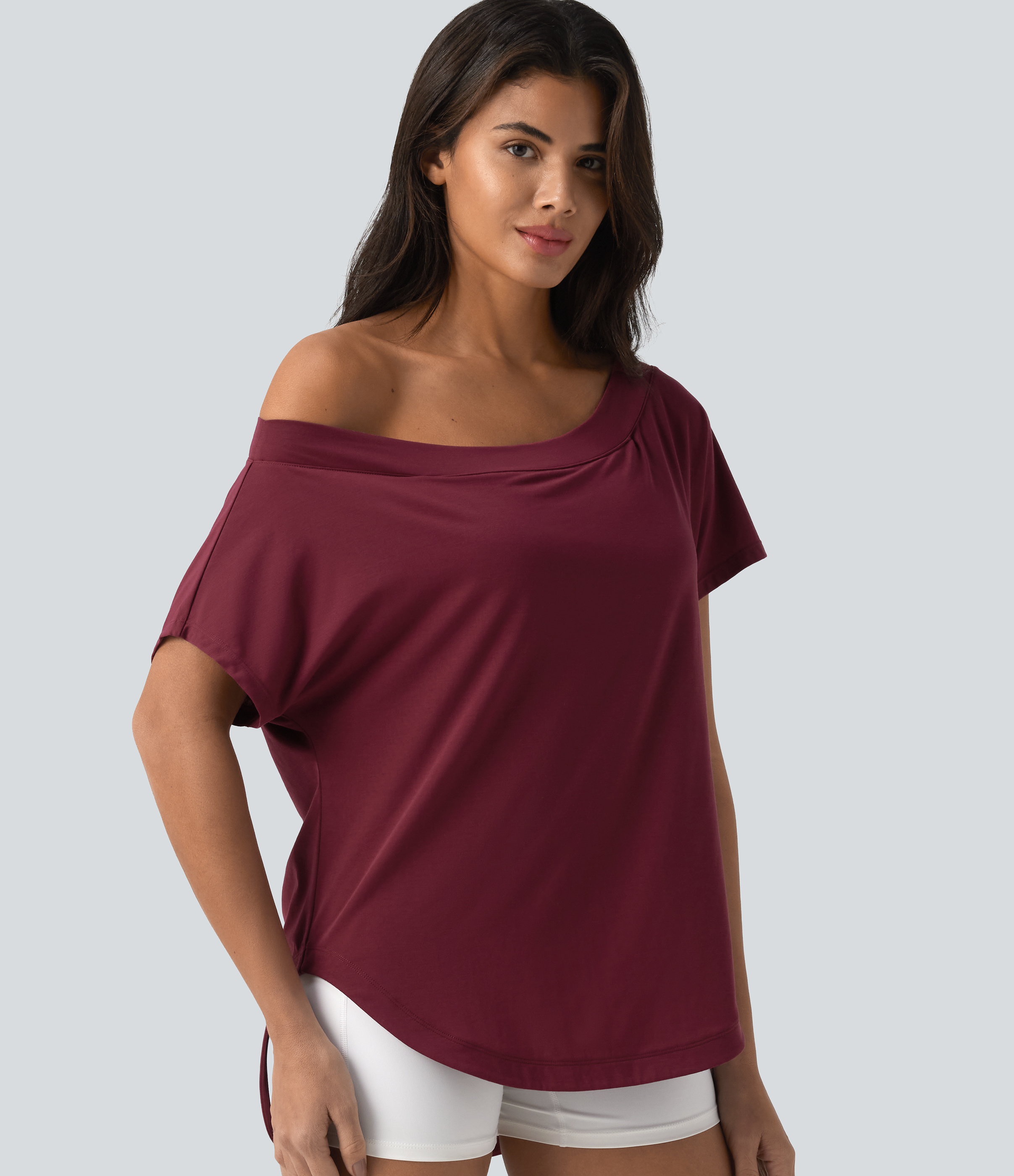 Tibetan Red One Shoulder Short Sleeve Curved Hem High Low Quick Dry Yoga Sports Top-Built-in Bra / 2