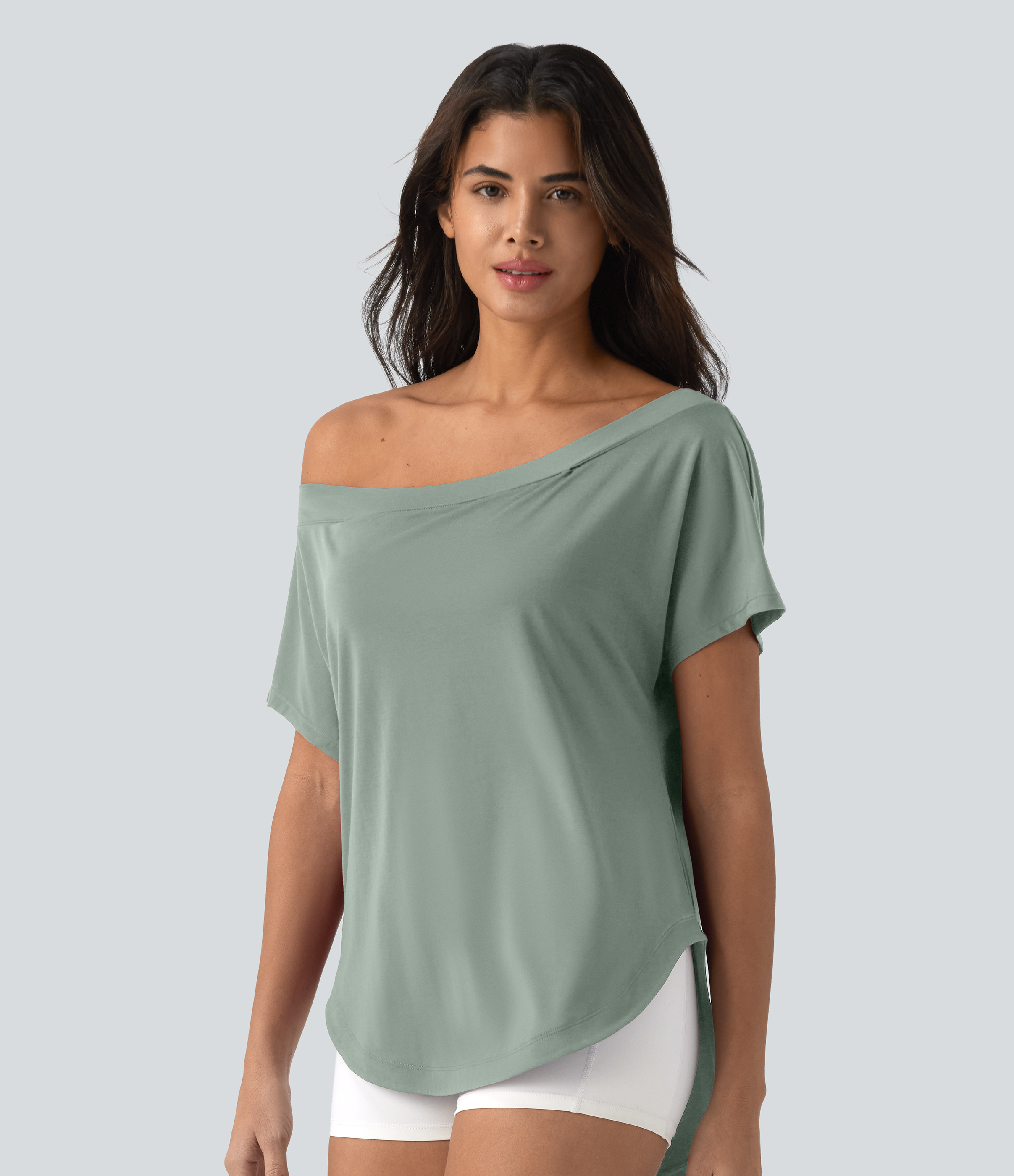 Iceberg Green One Shoulder Short Sleeve Curved Hem High Low Quick Dry Yoga Sports Top-Built-in Bra / 2