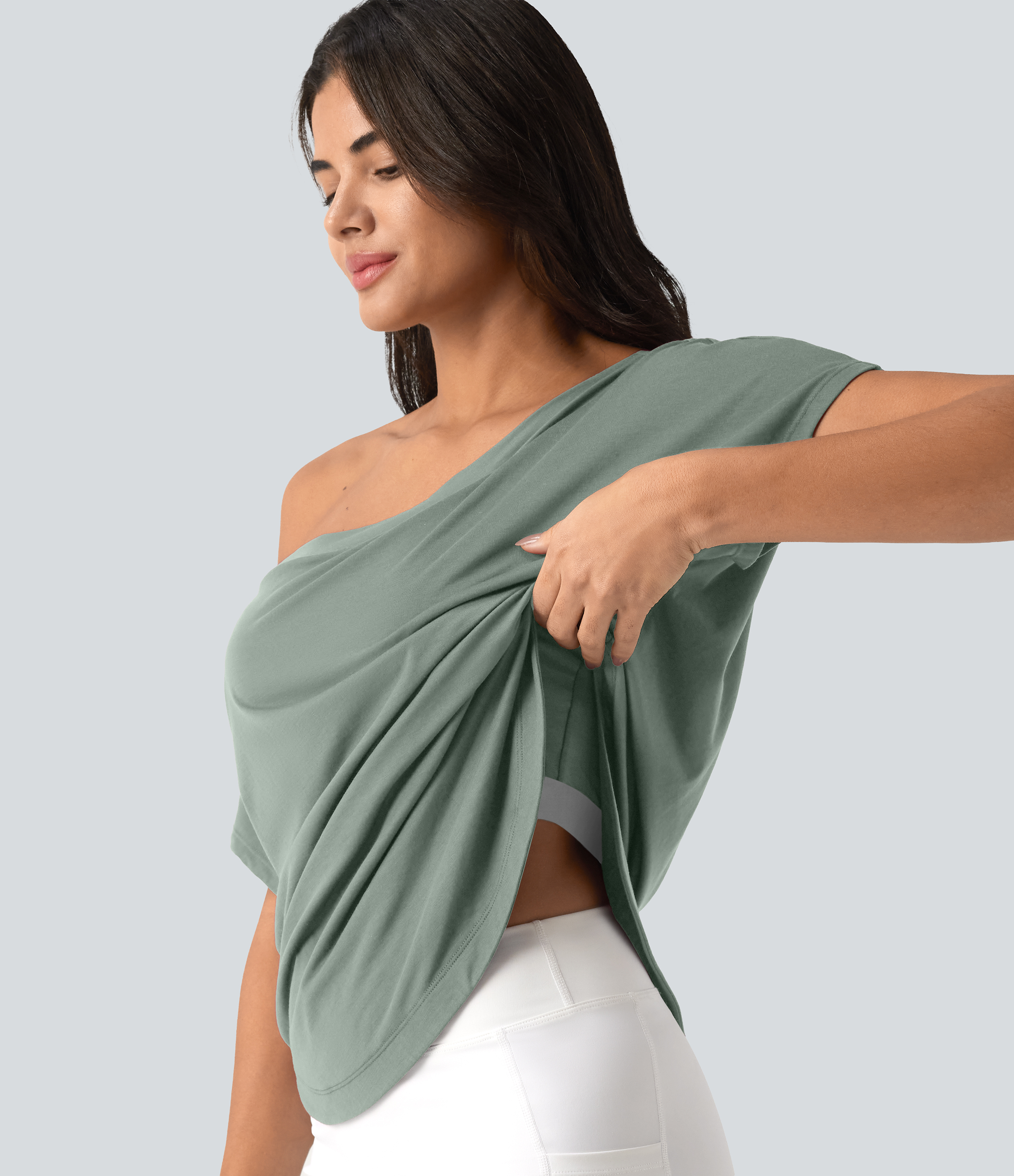 One Shoulder Short Sleeve Curved Hem High Low Quick Dry Yoga Sports Top-Built-in Bra