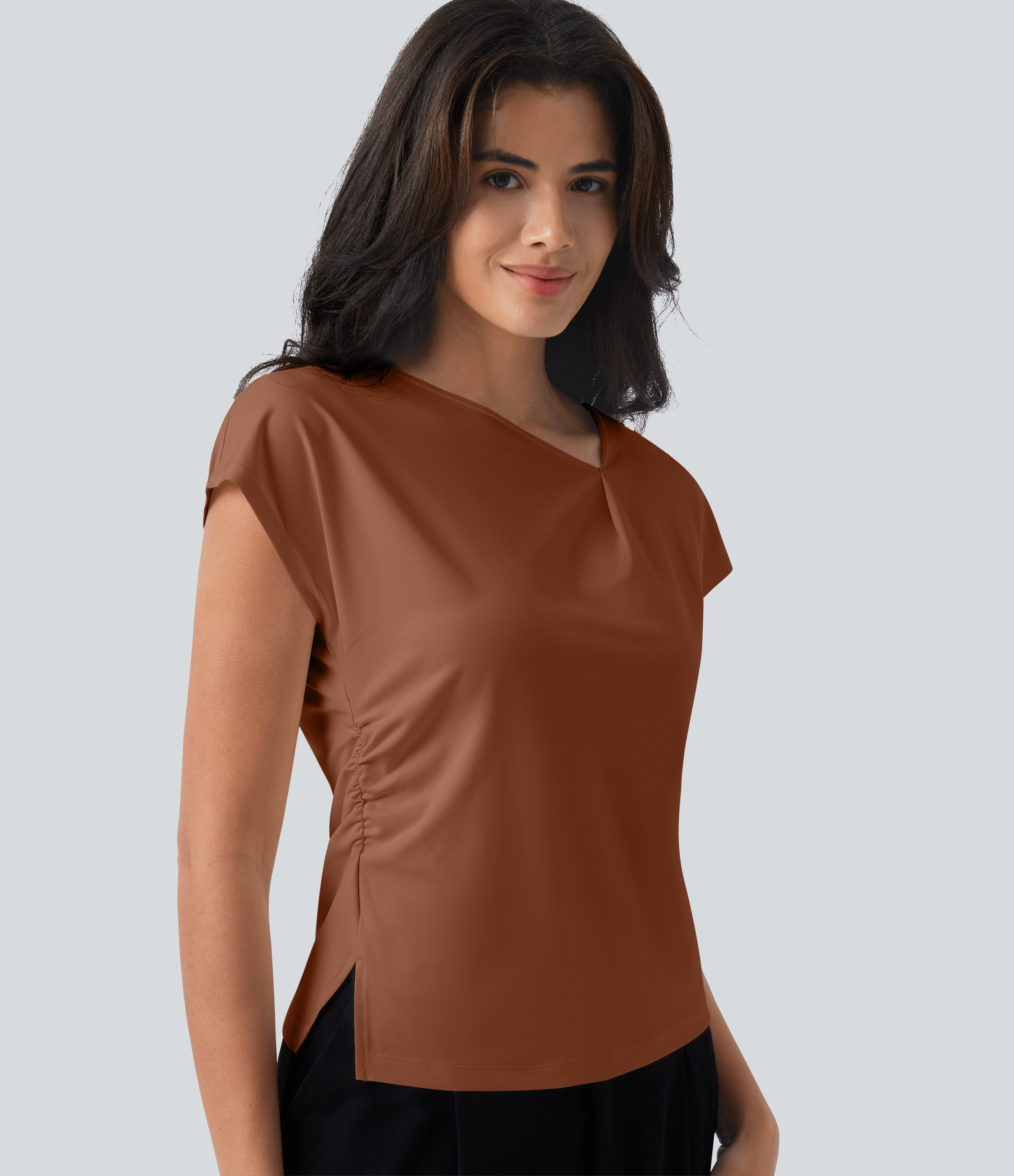 Asymmetric Cowl Neck Short Sleeve Ruched Split Hem Work Blouse