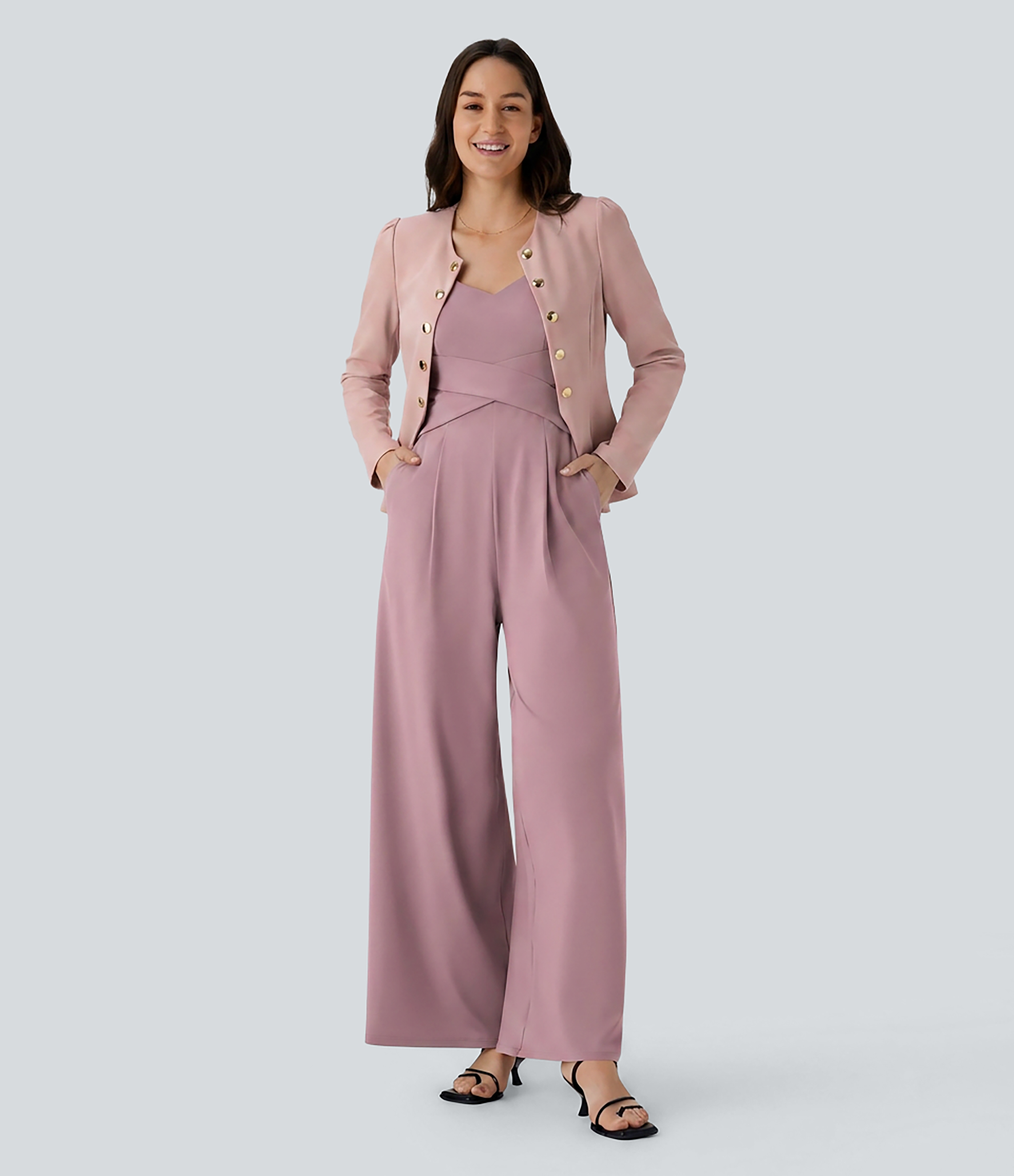 U Back Sleeveless Casual Work Jumpsuit with Pockets