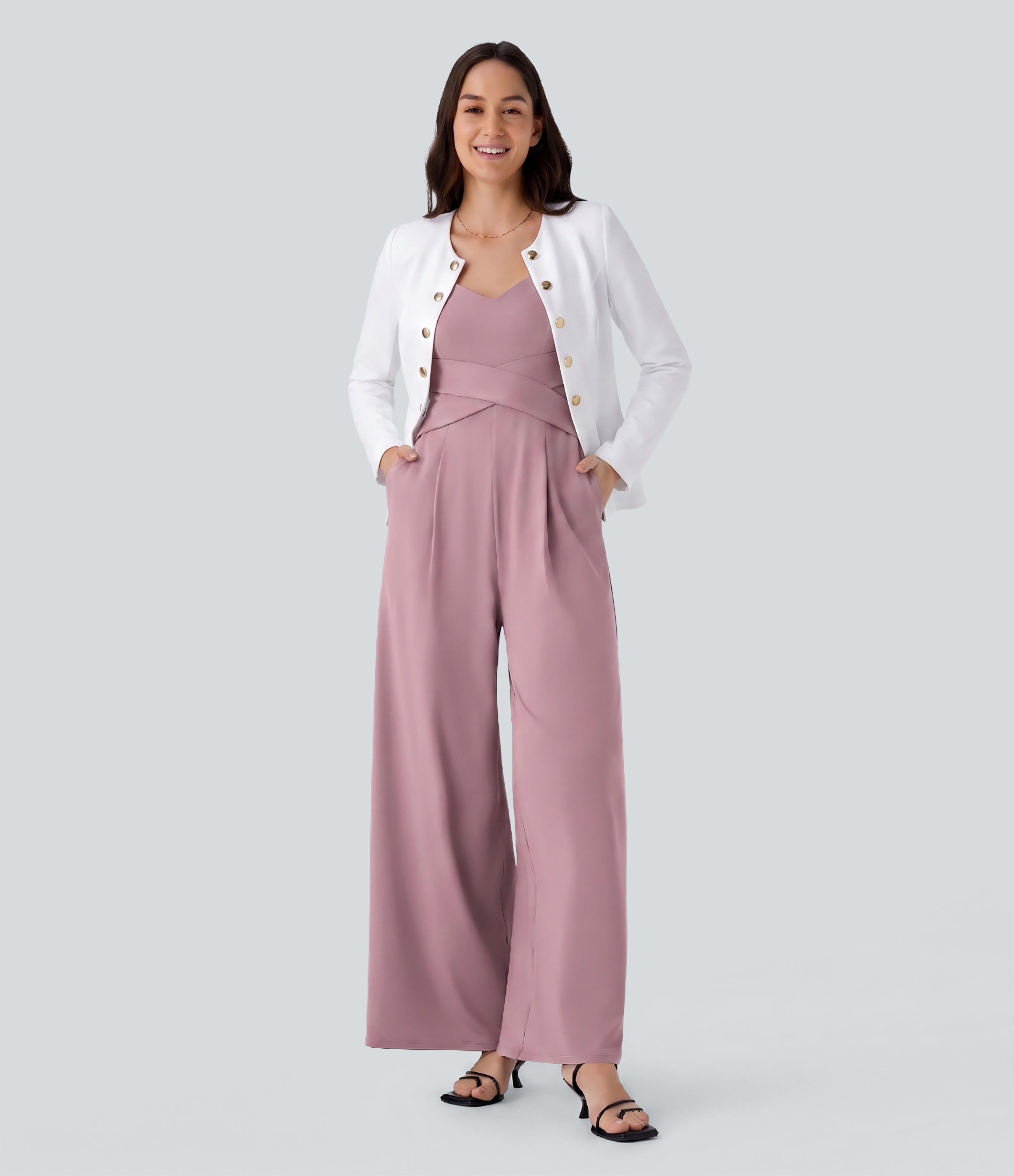 U Back Sleeveless Casual Work Jumpsuit with Pockets