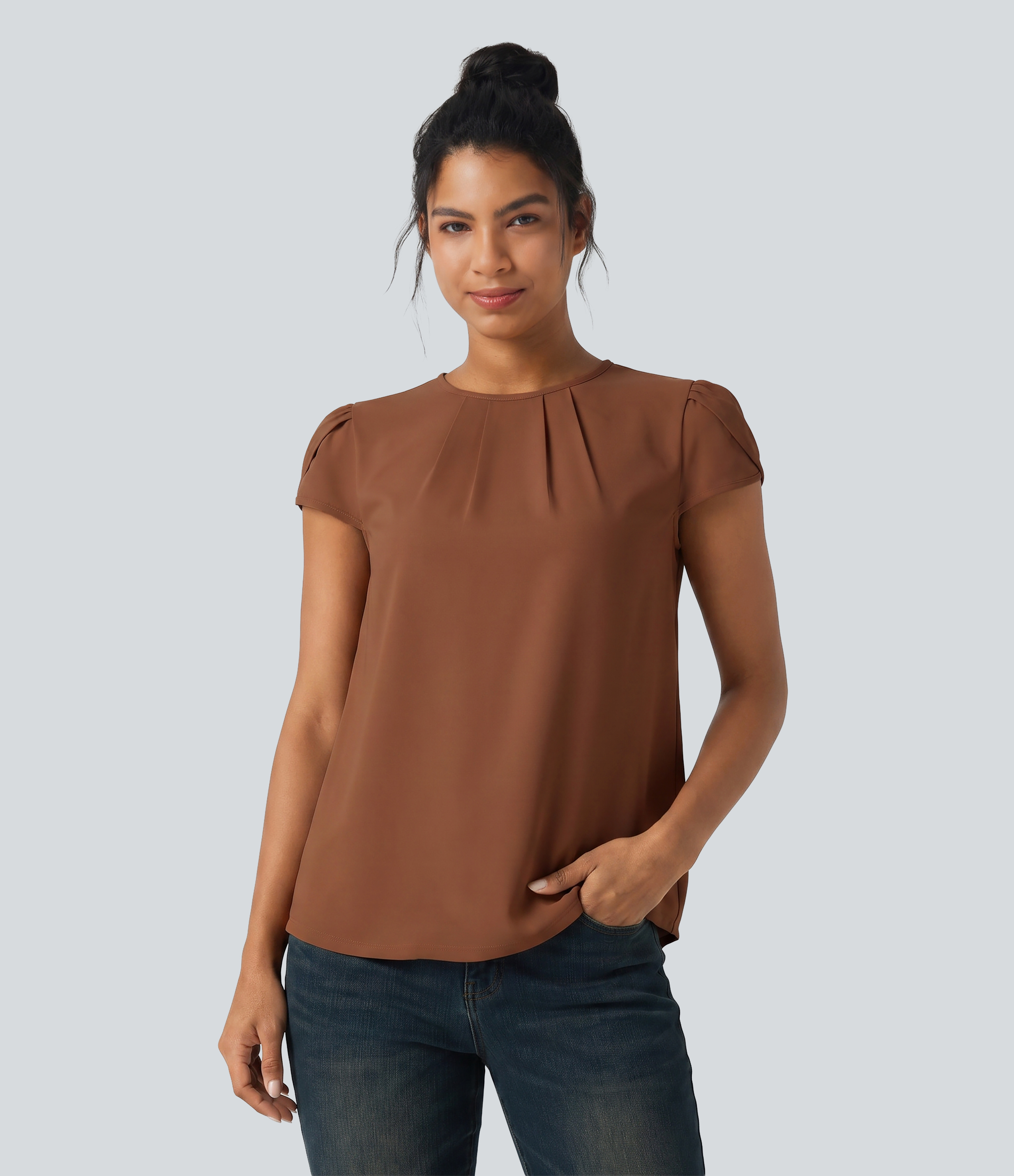 Round Neck Short Sleeve Keyhole Back Casual Blouse