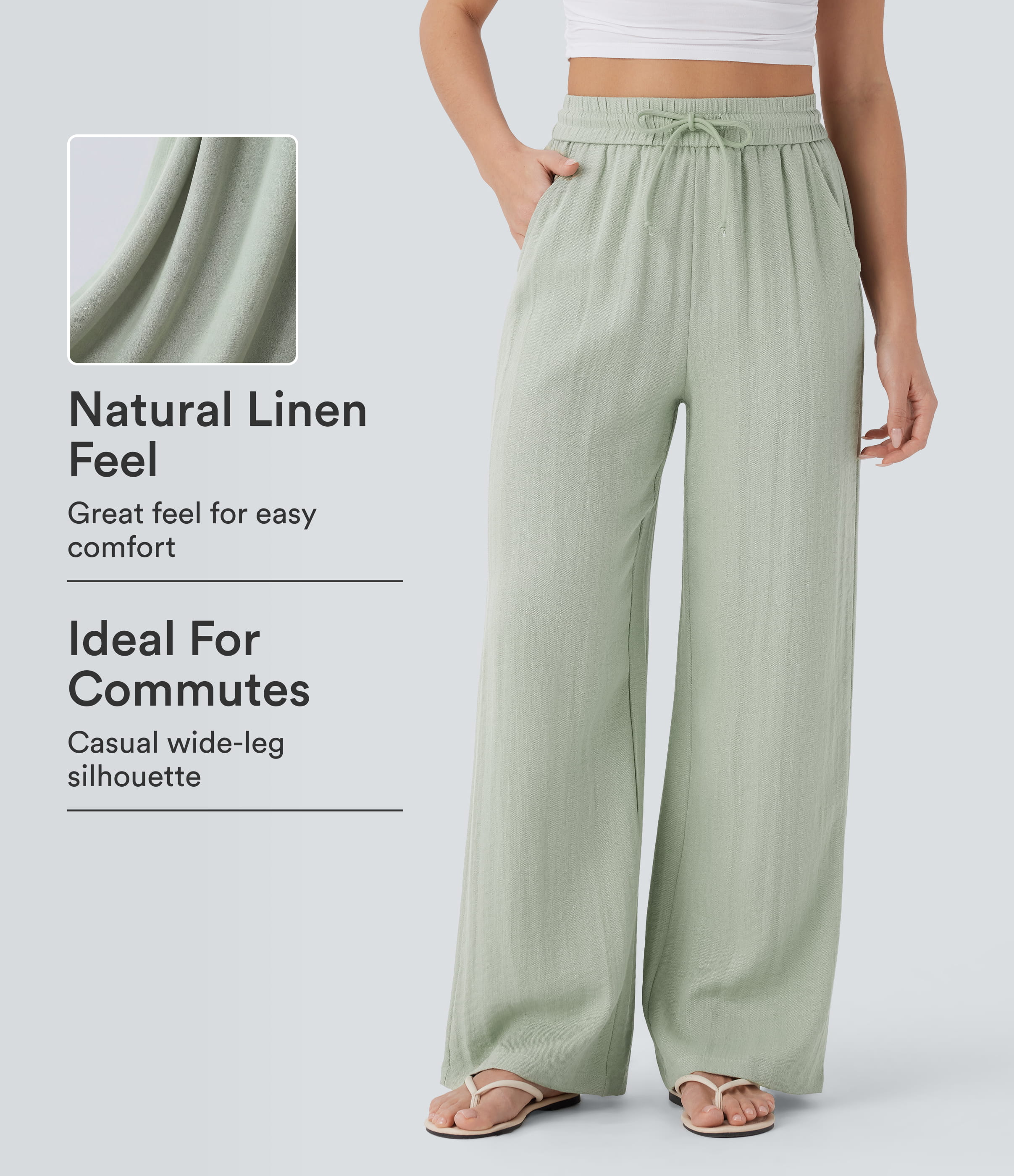 High Waisted Drawstring Pocket Wide Leg Casual Linen-Feel Trousers