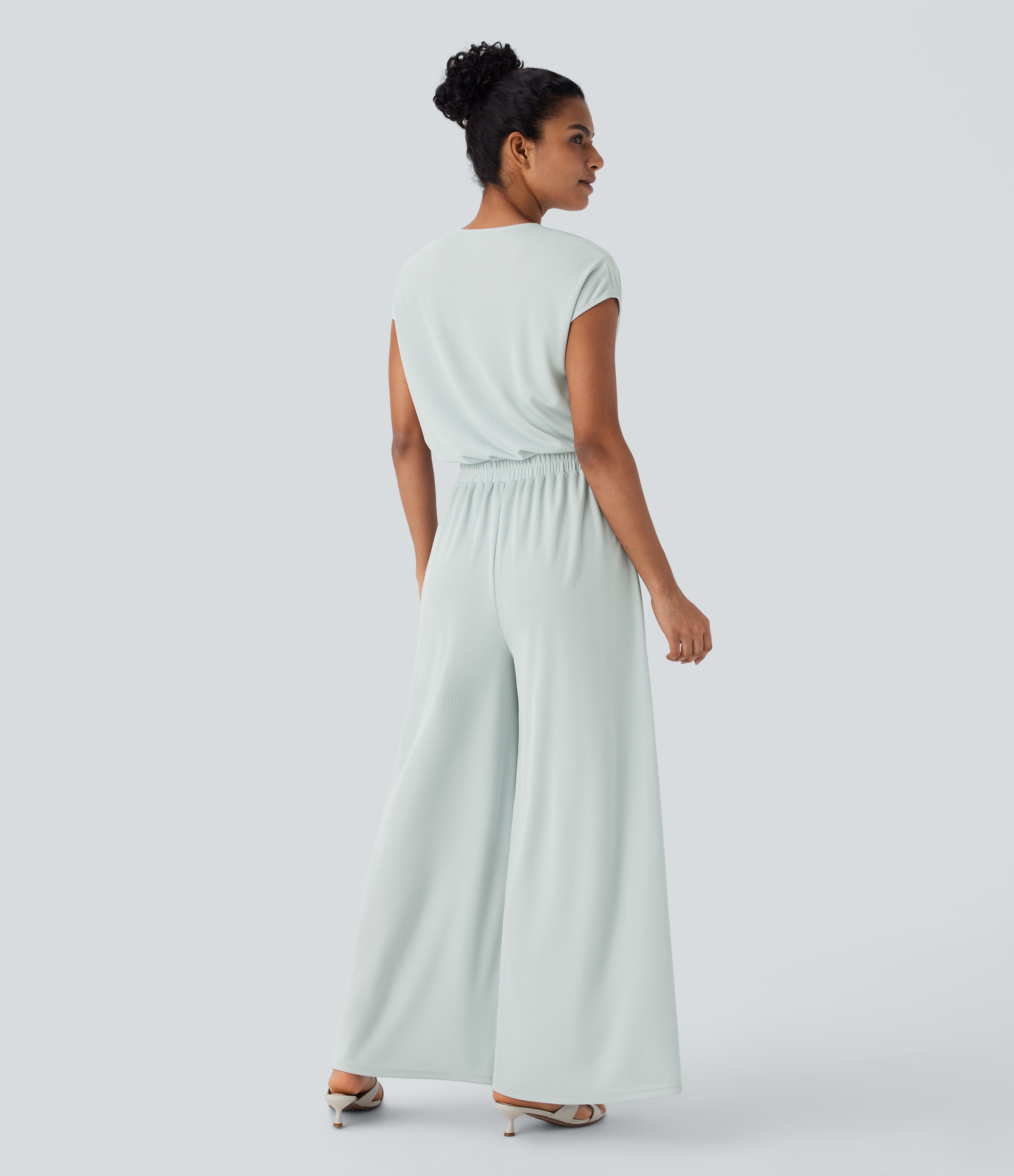 Frost Clear Haze V Neck Short Sleeve Pocket Wide Leg Flowy Waffle Casual Jumpsuit-Easy Peezy Edition / 2