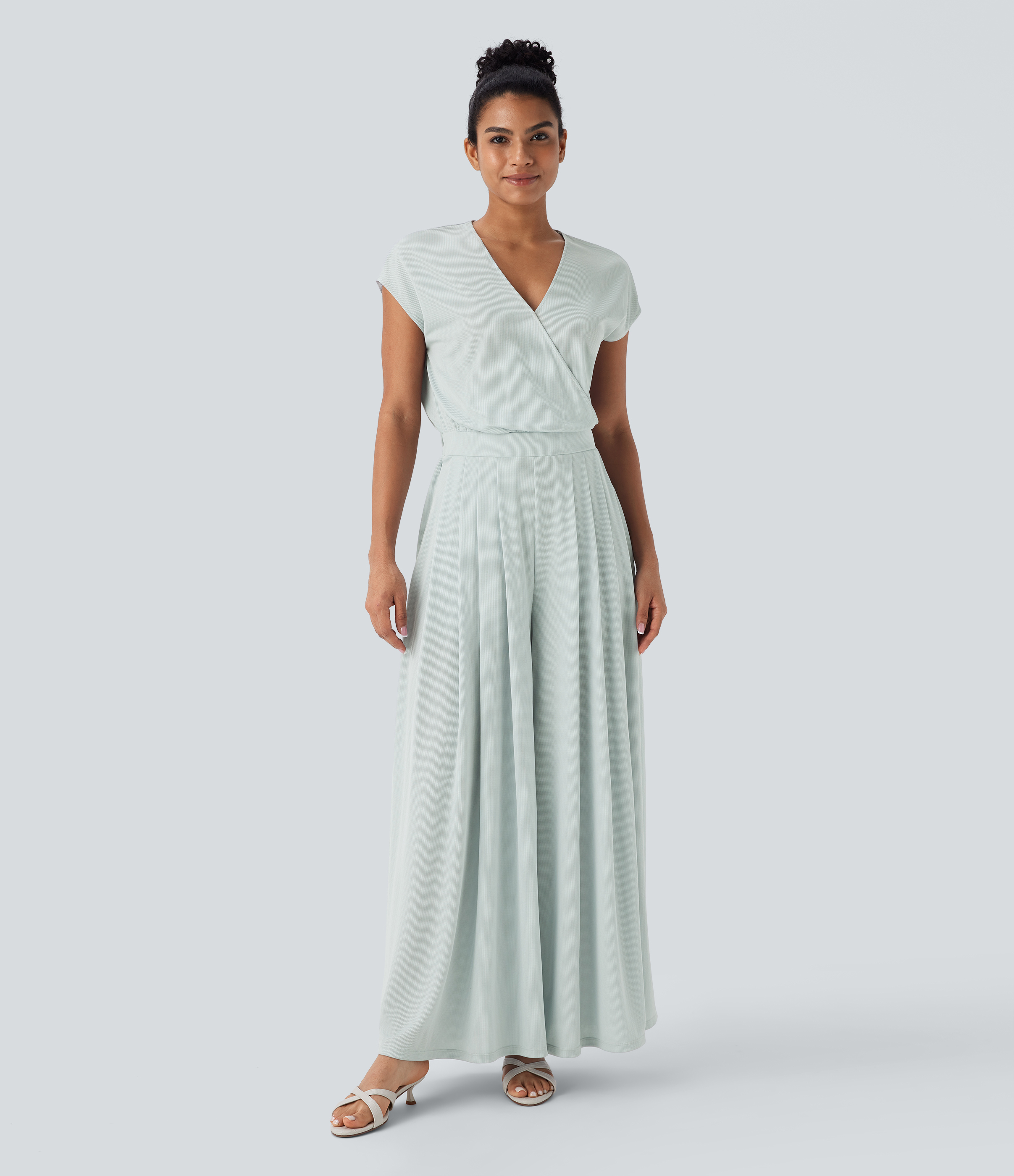 Women's V Neck Short Sleeve Pocket Wide Leg Flowy Waffle Casual