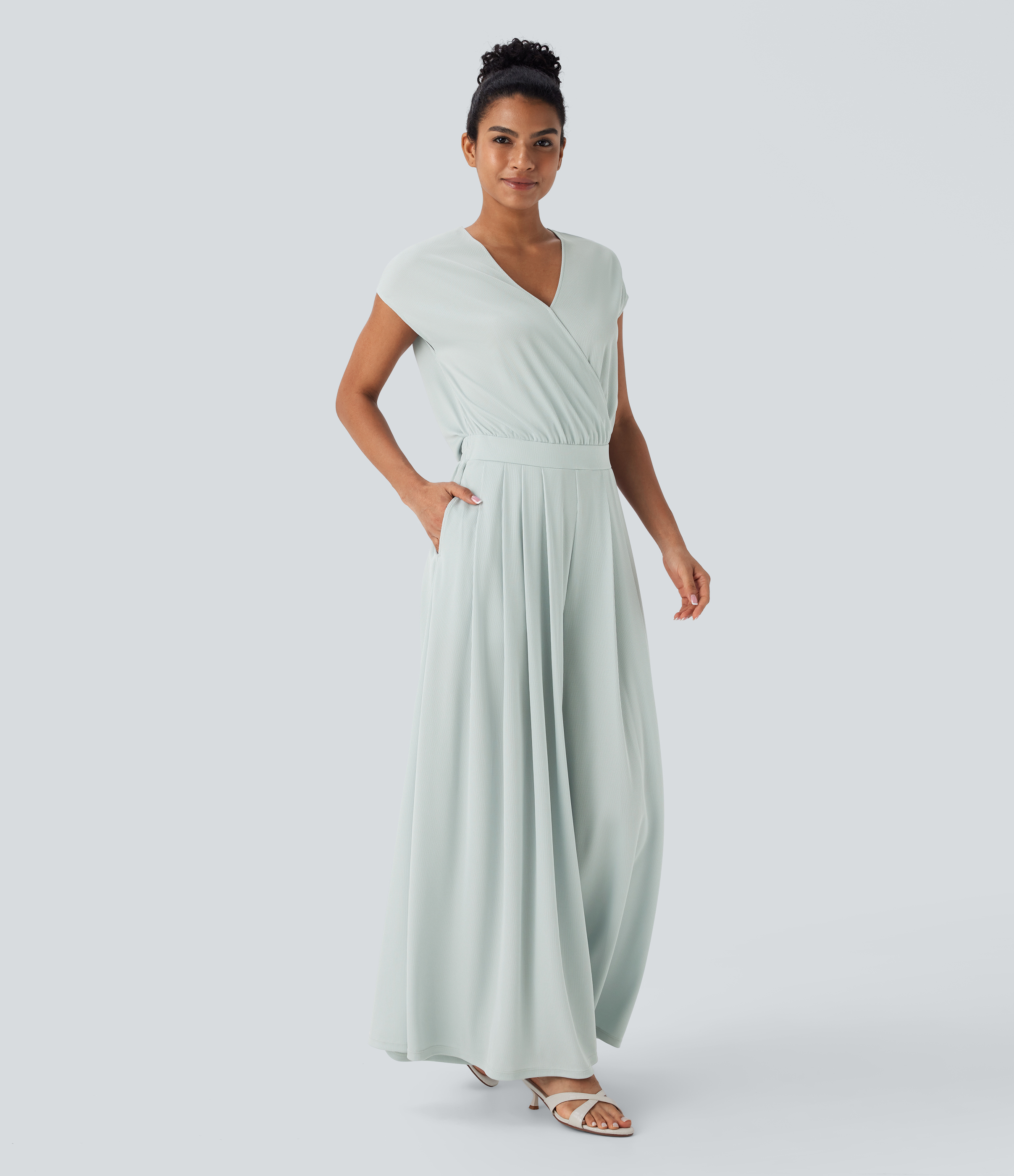 V Neck Short Sleeve Pocket Wide Leg Flowy Waffle Casual Jumpsuit-Easy Peezy Edition