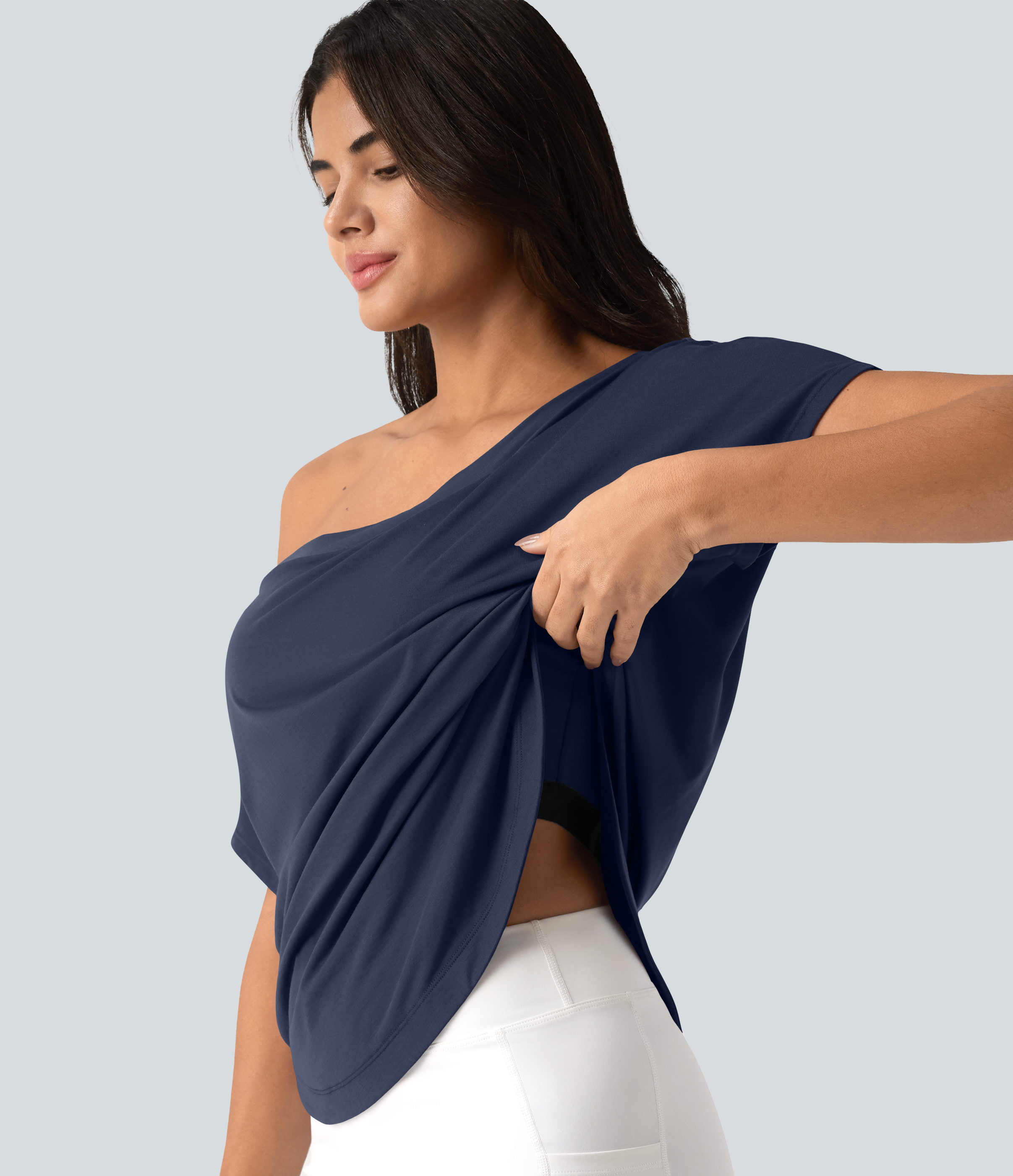 One Shoulder Short Sleeve Curved Hem High Low Quick Dry Yoga Sports Top-Built-in Bra