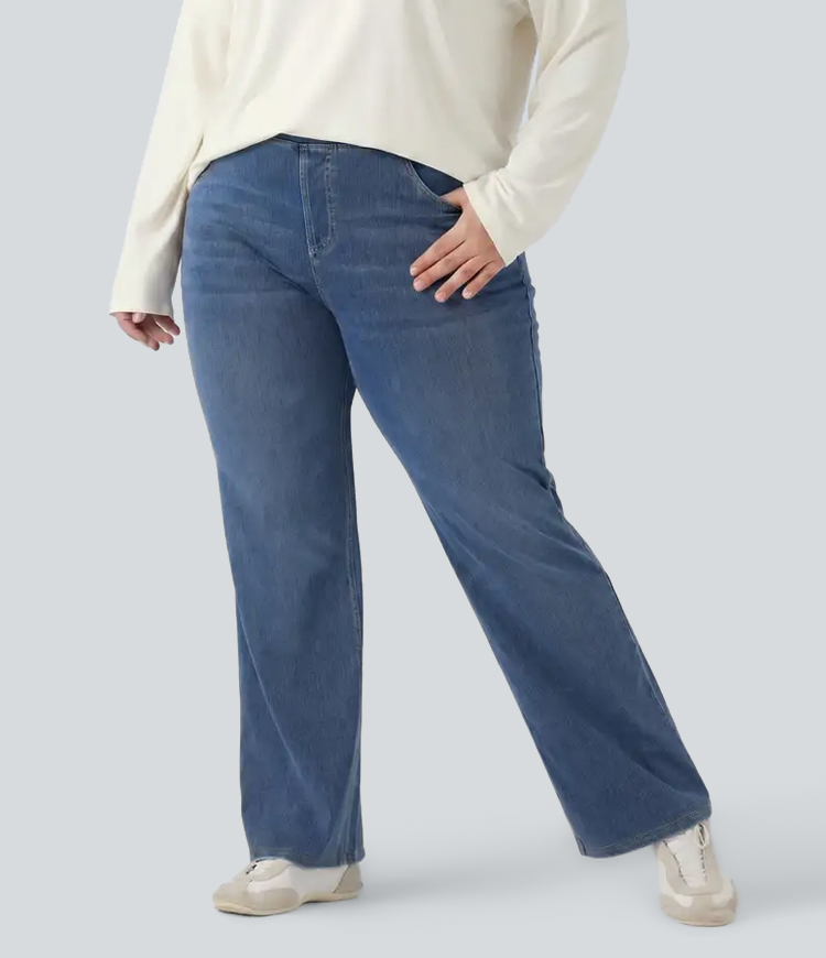 Halara Flex™ High Waisted Pockets Washed Denim Casual Bootcut Plus Size Women Straight Jeans